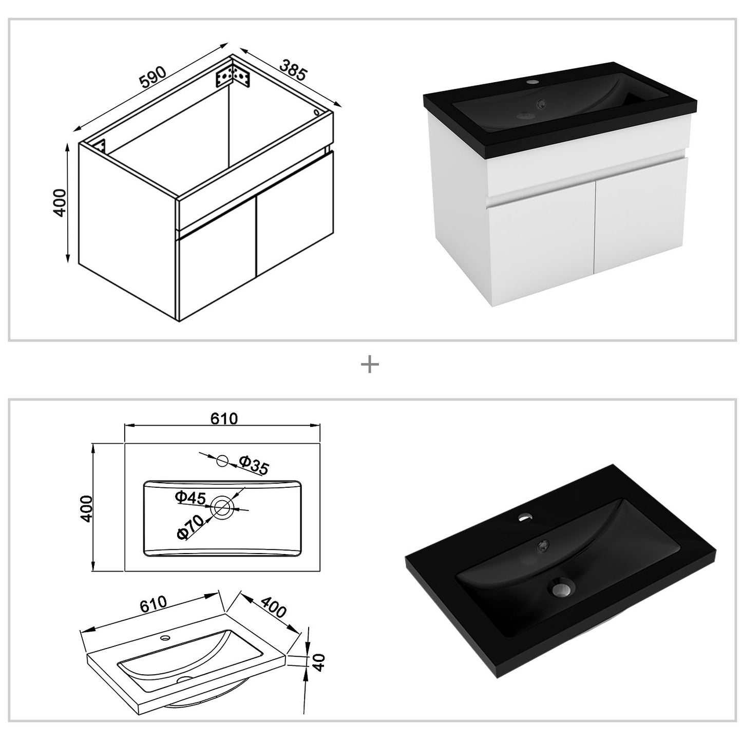 Badezimmer Badmöbel 60cm Schwarz Mineralguss Waschtisch mit Unterschrank Hängeschrank Weiß Matt Badezimmerschränke Badschrank mit 2 Soft-Close Türen