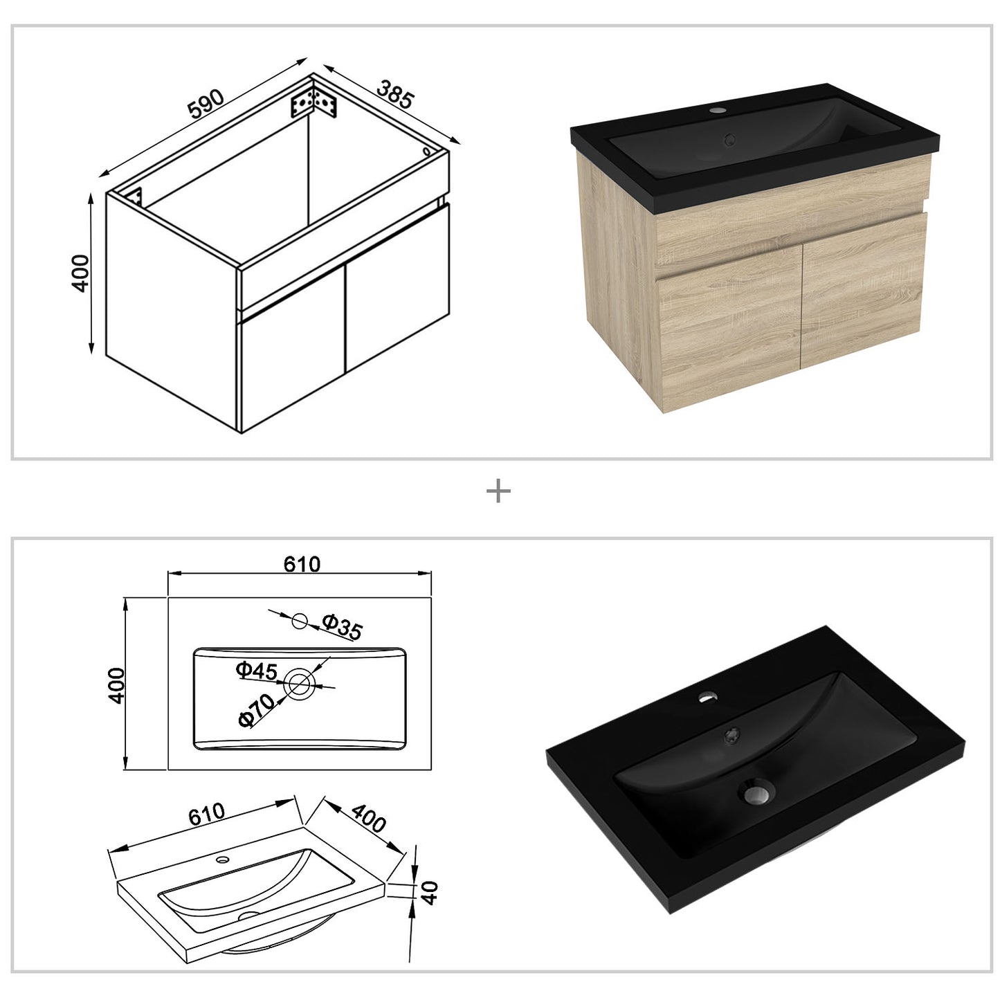 Badezimmer Badmöbel 60cm Schwarz Mineralguss Waschtisch mit Unterschrank Hängeschrank Eiche Matt Badezimmerschränke Badschrank mit 2 Soft-Close Türen