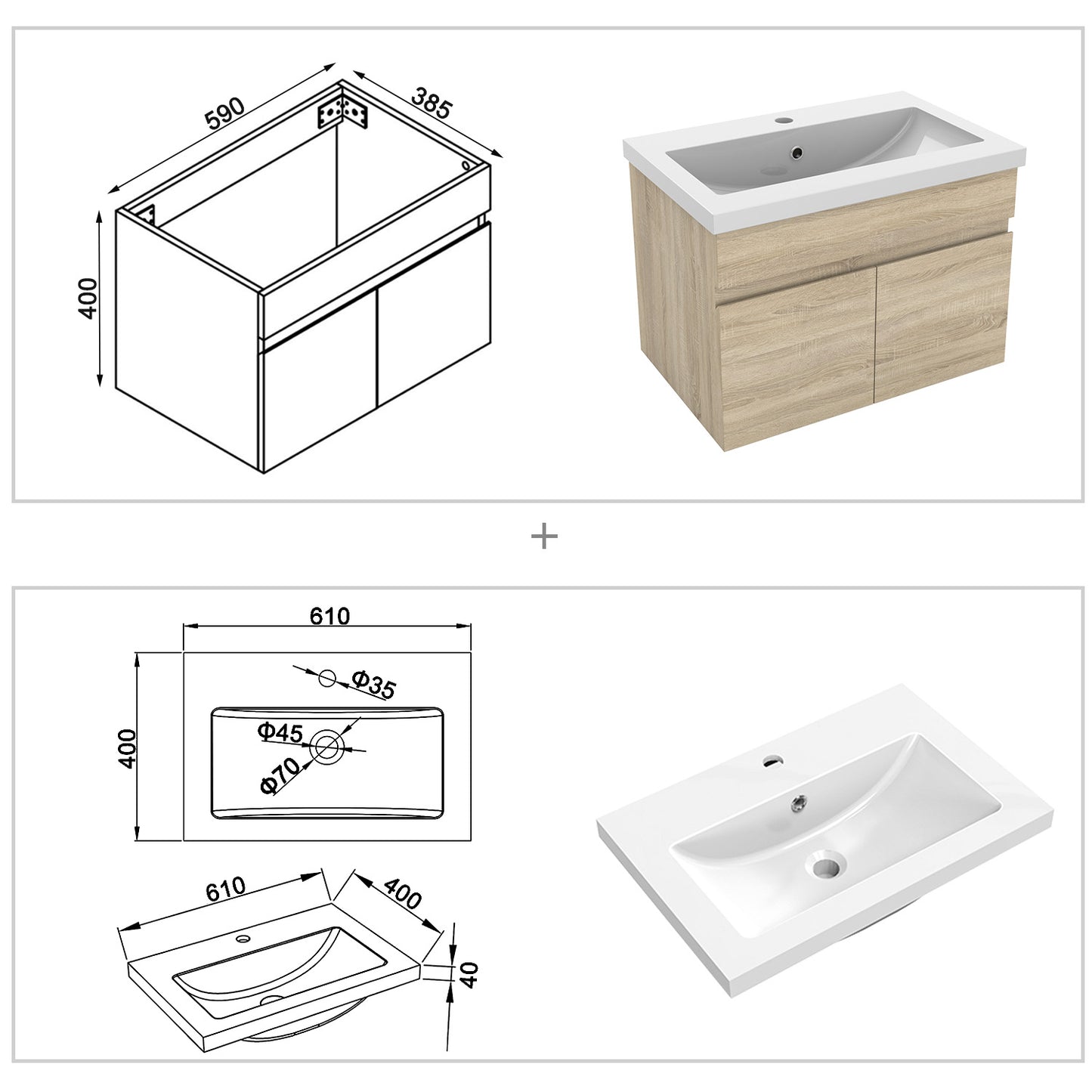 Badezimmer Badmöbel 60cm Mineralguss Waschtisch mit Unterschrank Hängeschrank Eiche Matt Badezimmerschränke Badschrank mit 2 Soft-Close Türen