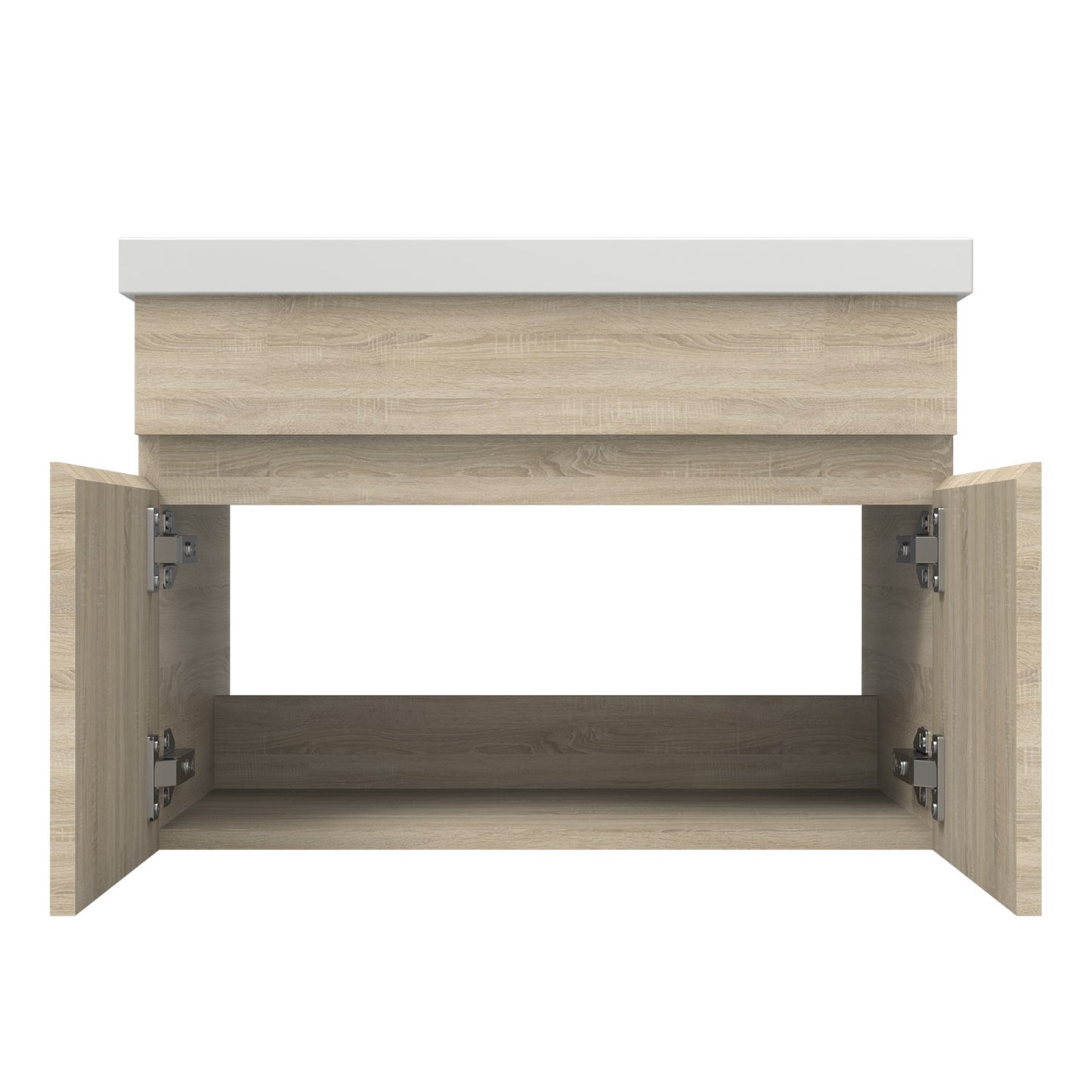 Badezimmer Badmöbel 60cm Mineralguss Waschtisch mit Unterschrank Hängeschrank Eiche Matt Badezimmerschränke Badschrank mit 2 Soft-Close Türen