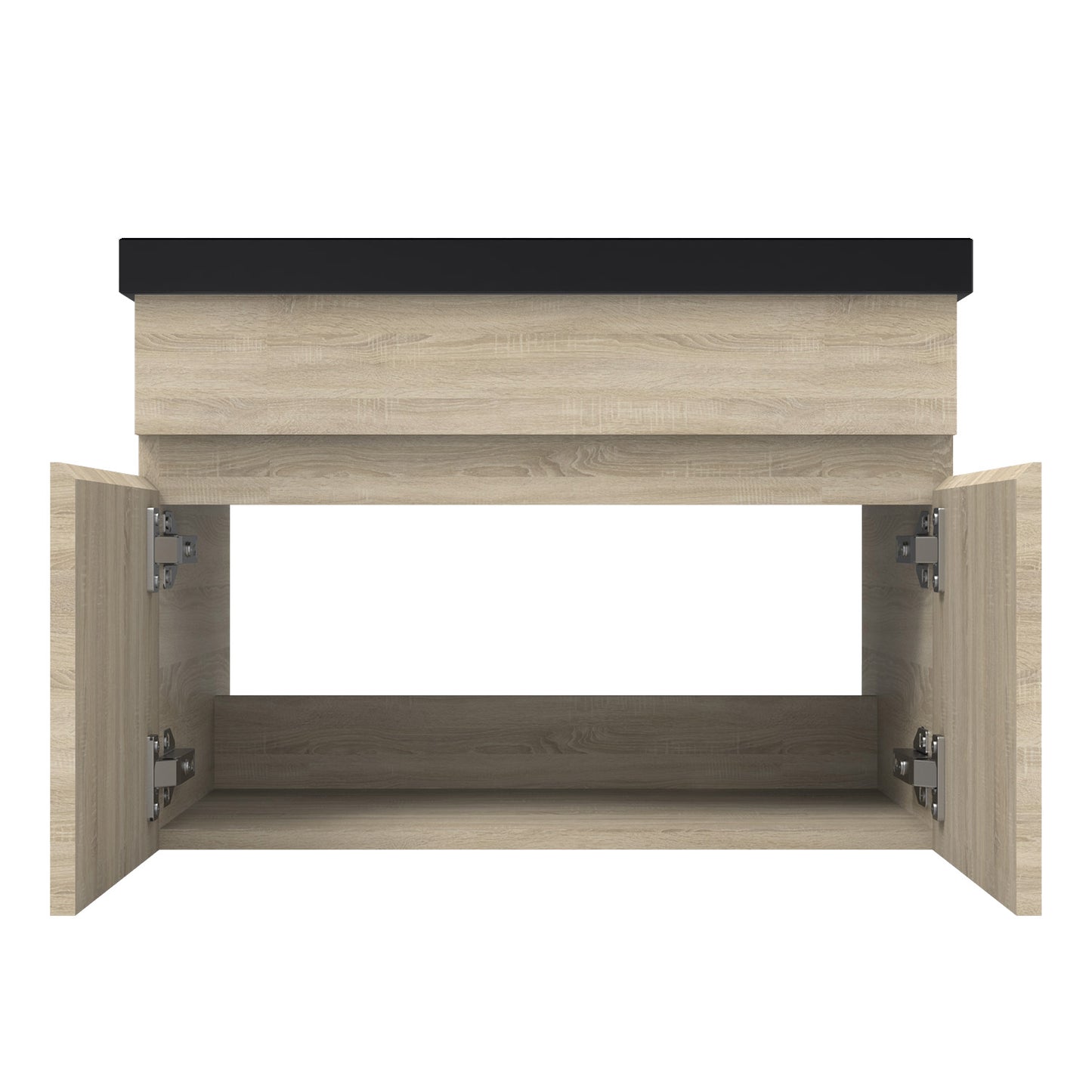 Badezimmer Badmöbel 60cm Schwarz Mineralguss Waschtisch mit Unterschrank Hängeschrank Eiche Matt Badezimmerschränke Badschrank mit 2 Soft-Close Türen