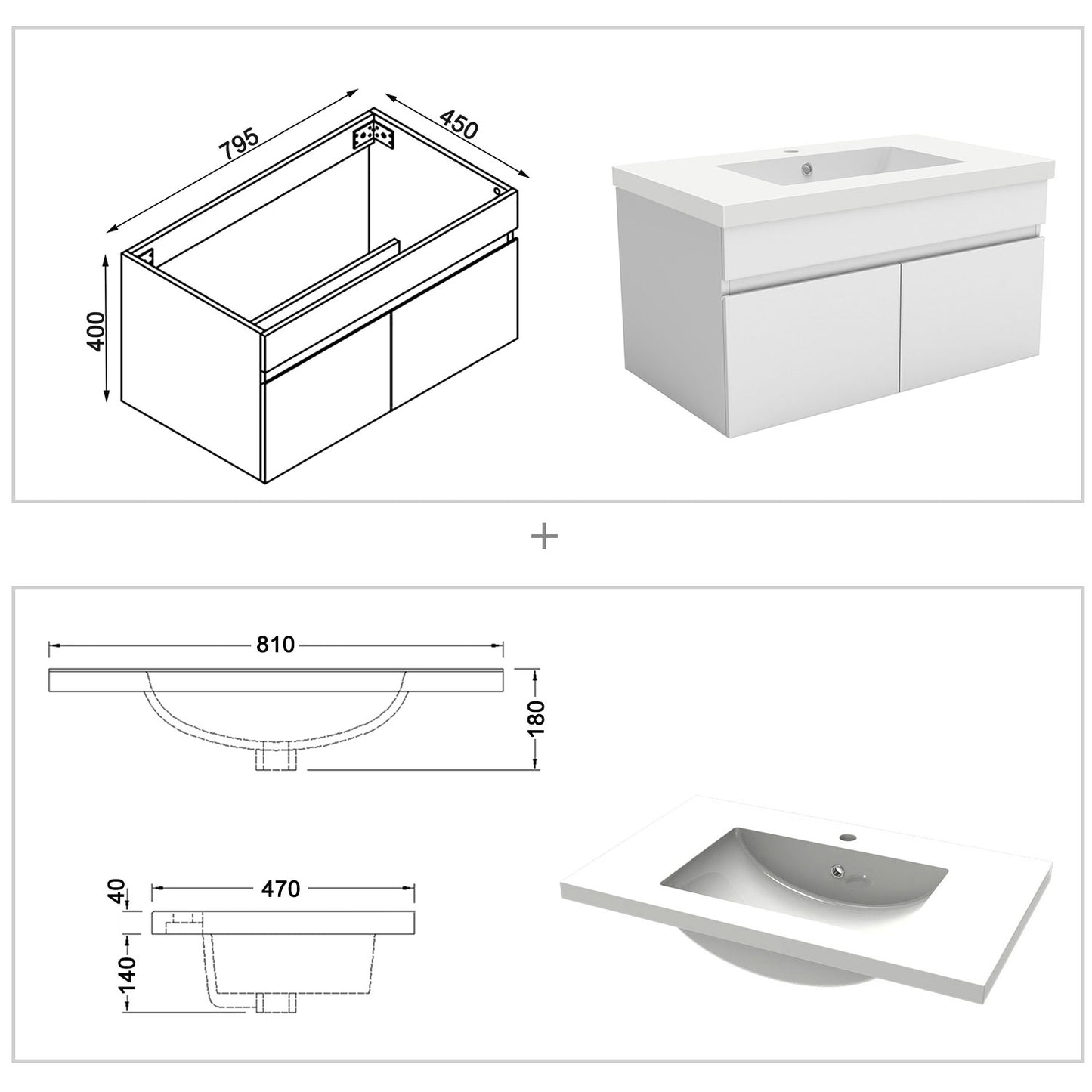 Badezimmer Badmöbel 80cm Mineralguss Waschtisch mit Unterschrank Hängeschrank Weiß Matt Badezimmerschränke Badschrank mit 2 Soft-Close Türen