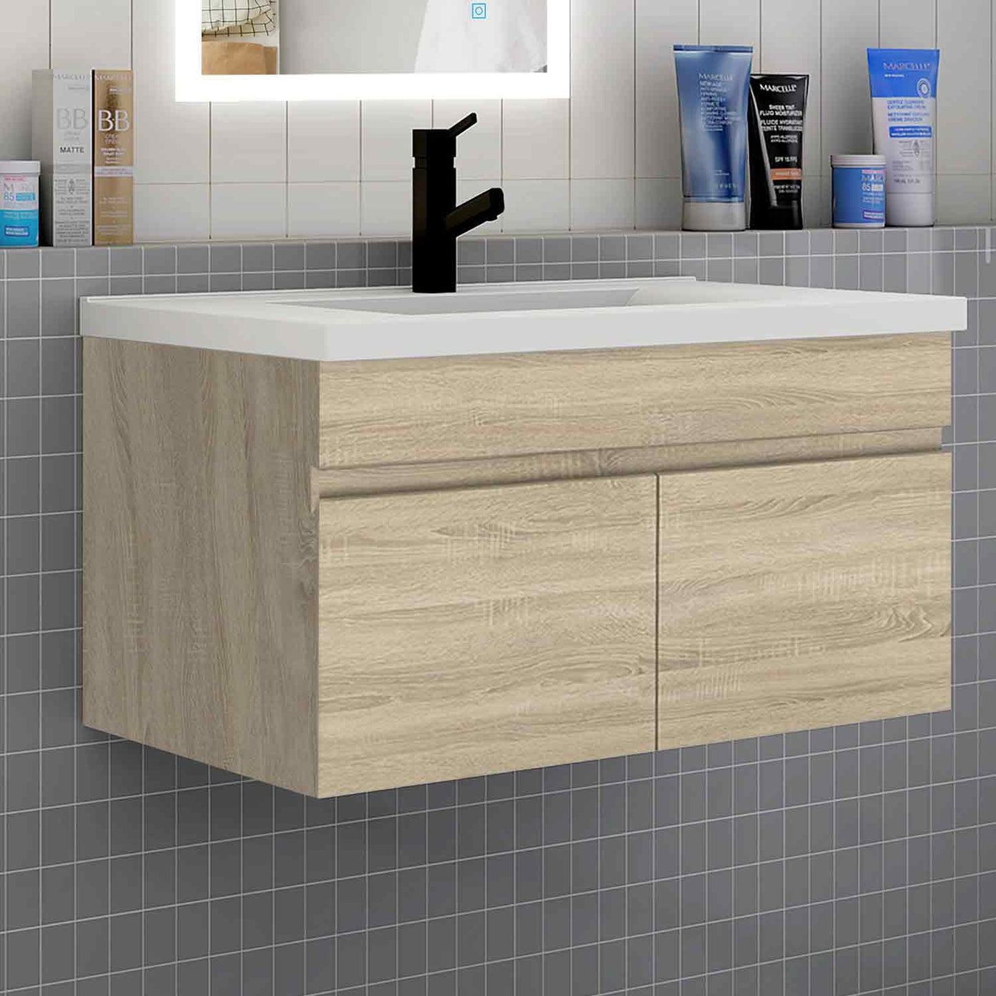 Badmöbel Set 80 cm Eiche Waschbecken mit Unterschrank Soft-Close