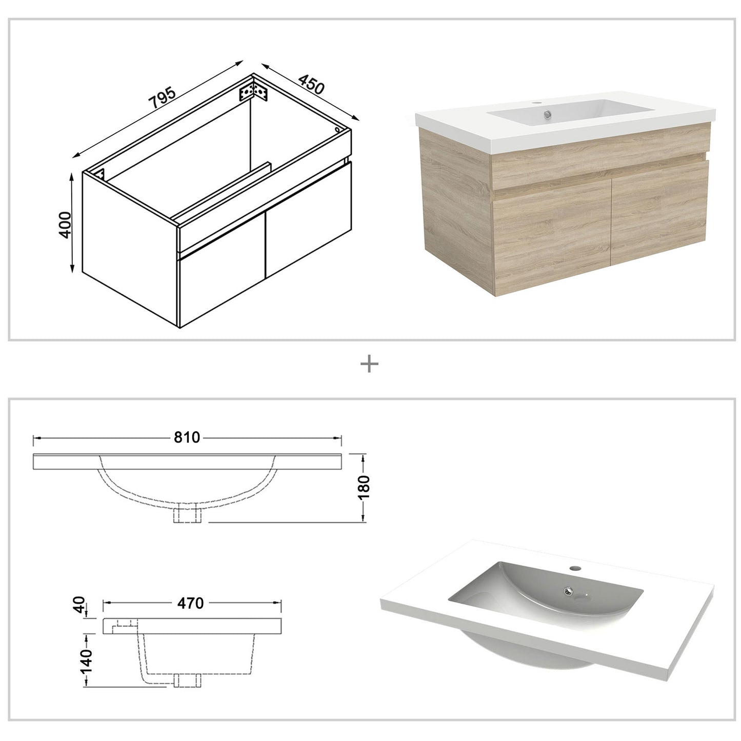 Badezimmer Badmöbel 80cm Mineralguss Waschtisch mit Unterschrank Hängeschrank Eiche Matt Badezimmerschränke Badschrank mit 2 Soft-Close Türen