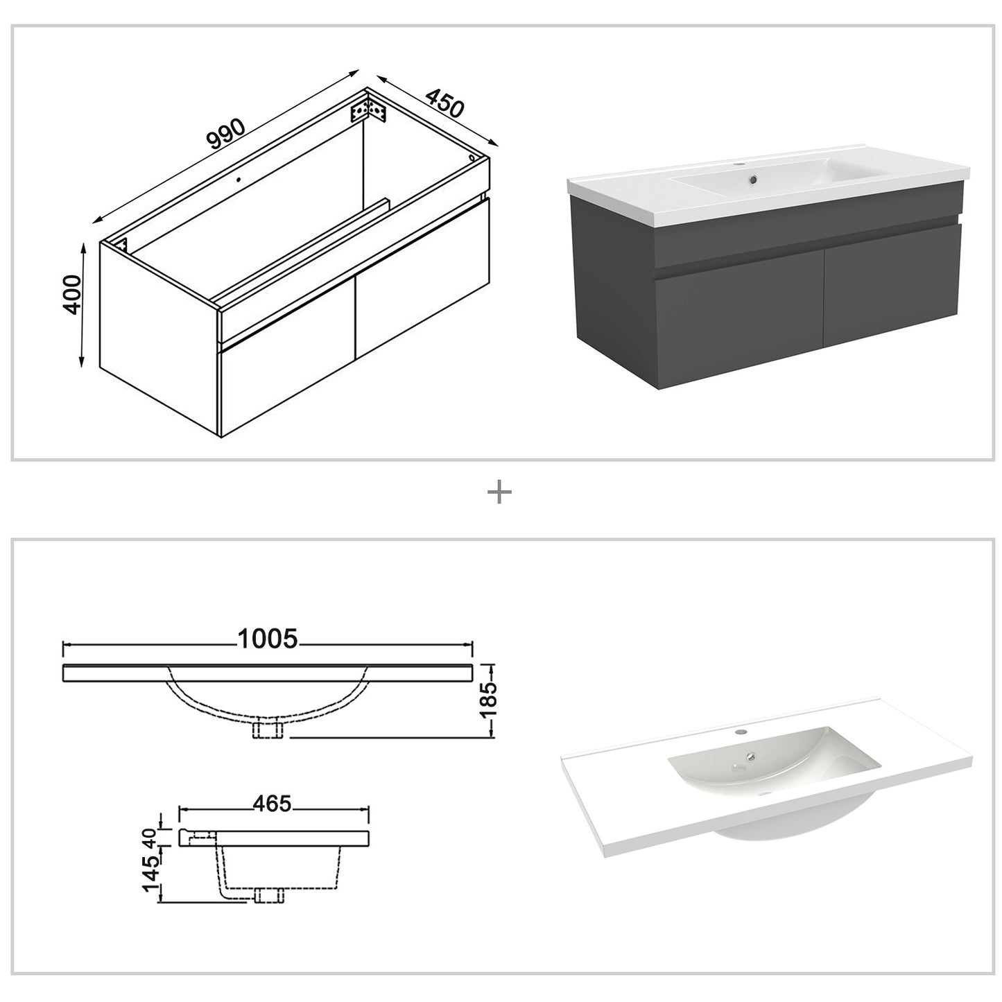 Badezimmer Badmöbel 100cm Keramik Waschtisch mit Unterschrank Hängeschrank Dunkelgrau Matt Badezimmerschränke Badschrank mit 2 Soft-Close Türen