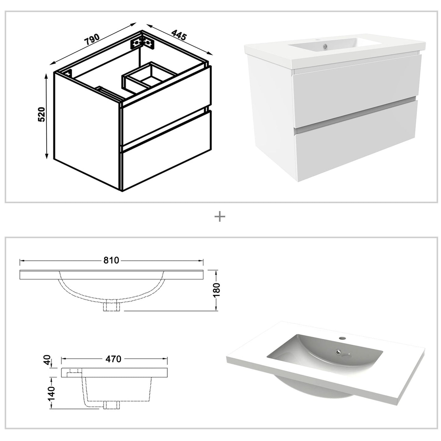 Badezimmermöbel 80cm Mineralguss Waschtisch mit Unterschrank Badmöbel set Badezimmerschränke mit 2 Soft-Close Schubladen Weiß Matt