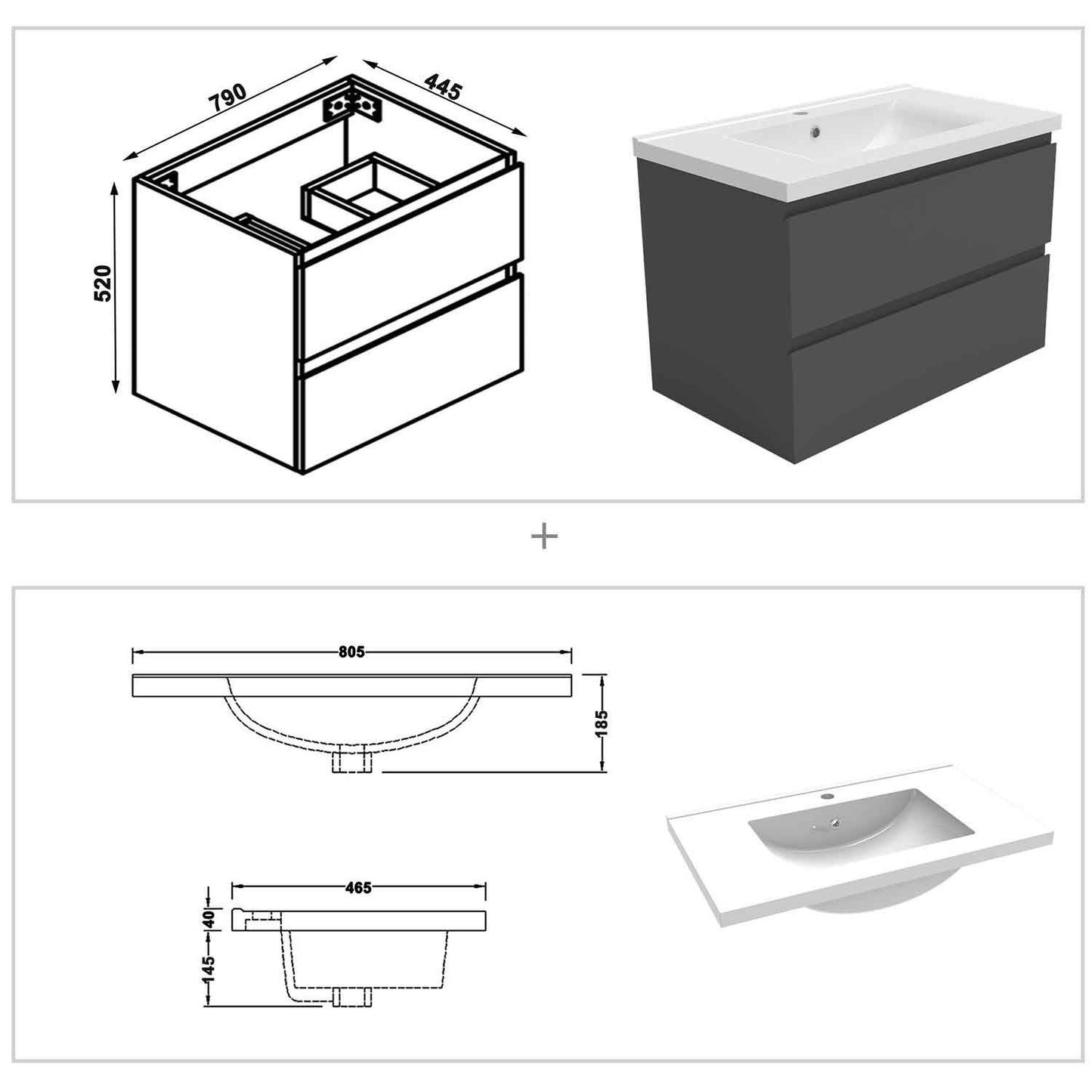 Badmöbel Set 80 cm Anthrazit Waschbecken mit Unterschrank Soft-Close