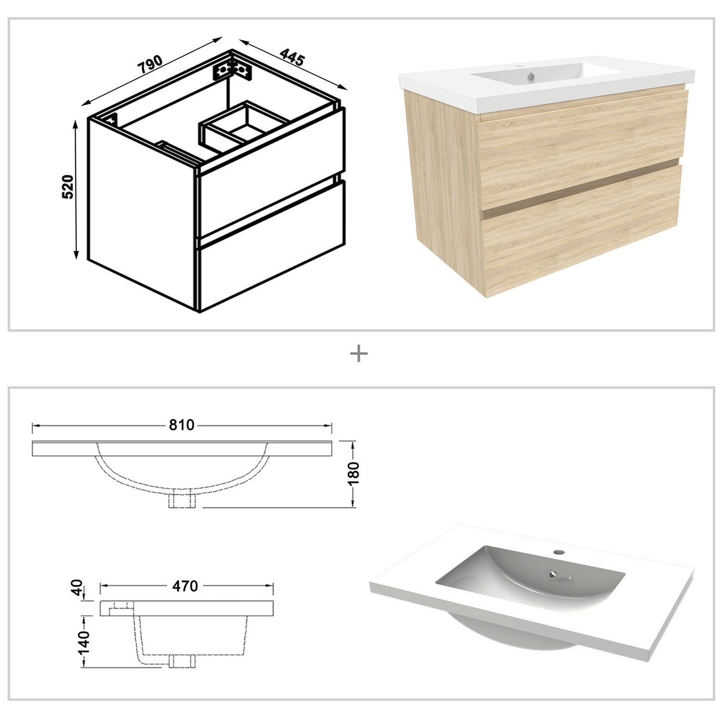 Waschtisch mit Unterschrank 80 cm Badmöbel Set Waschbecken mit Unterschrank Eiche Matt Softclose