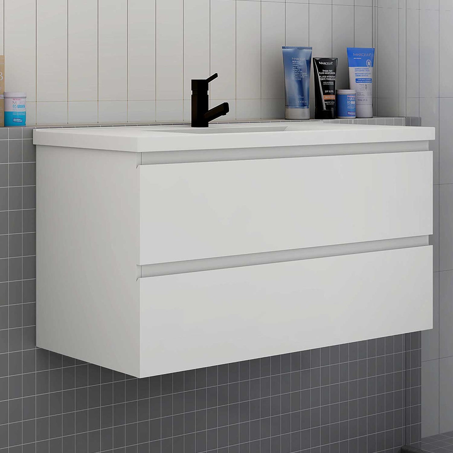 Badmöbel Set 100 cm Weiß Waschbecken mit Unterschrank Soft-Close