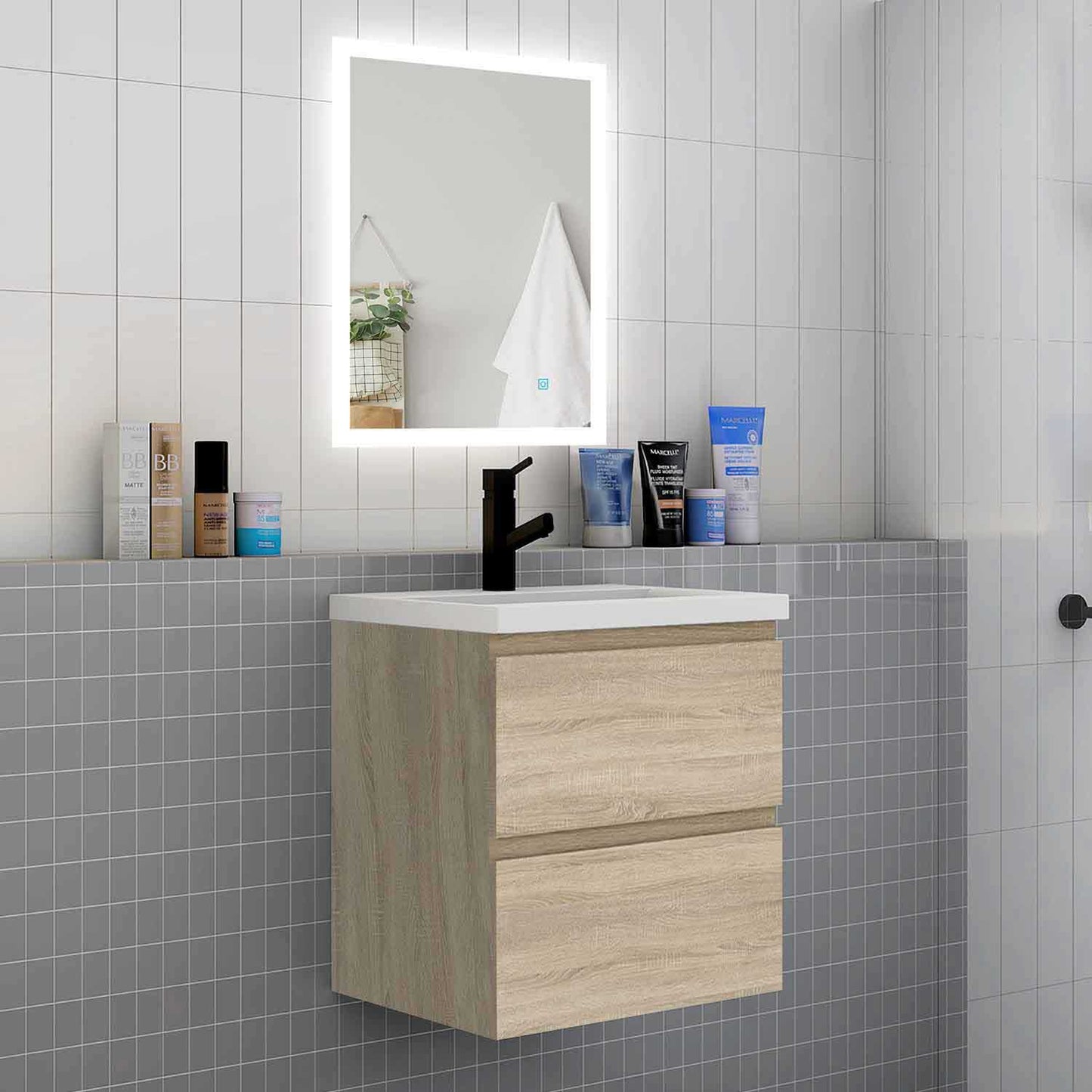 Badmöbel Set 50 cm Vormontiert Eiche Natur Waschbecken mit Unterschrank inkl. 2-Schubladen Soft-Close Funktion