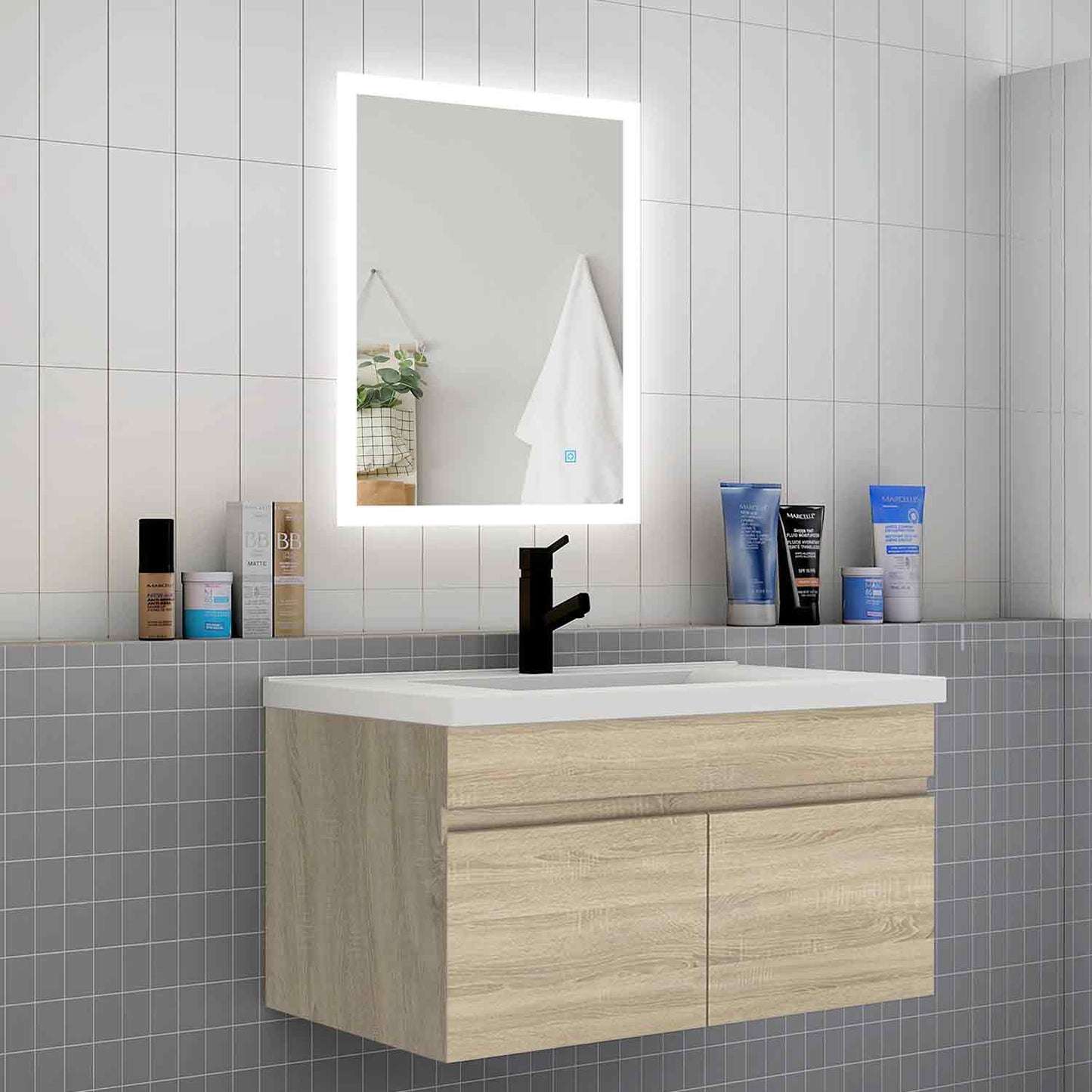 Badmöbel Set 80 cm Eiche Waschbecken mit Unterschrank Soft-Close
