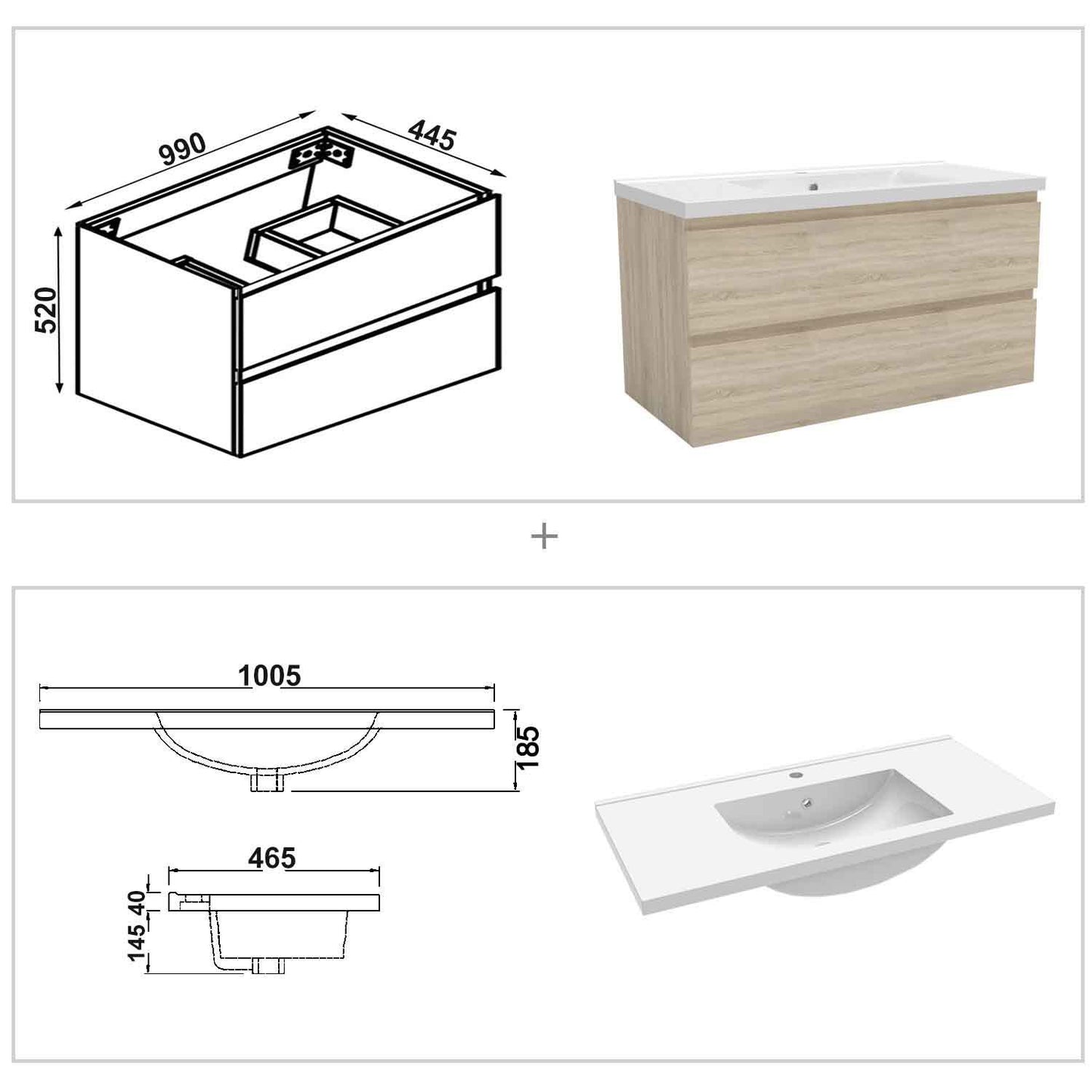 Badmöbel Set 100 cm Vormontiert Eiche Natur Waschbecken mit Unterschrank inkl. 2-Schubladen Soft-Close Funktion