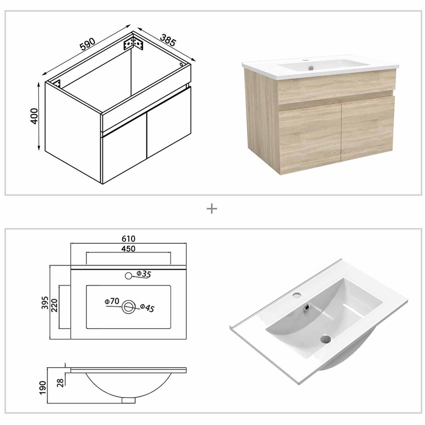 Badmöbel Set 60 cm Eiche Waschbecken mit Unterschrank Soft-Close