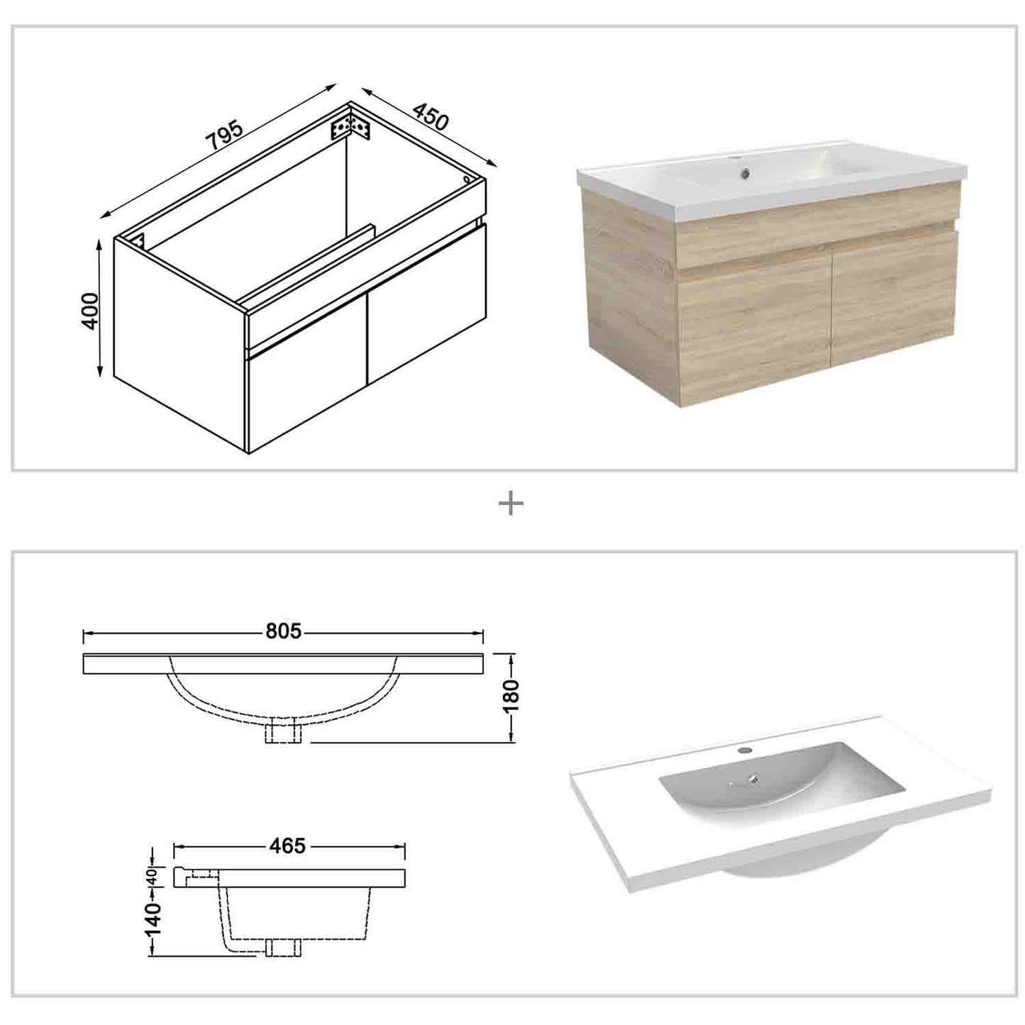 Badmöbel Set 80 cm Eiche Waschbecken mit Unterschrank Soft-Close