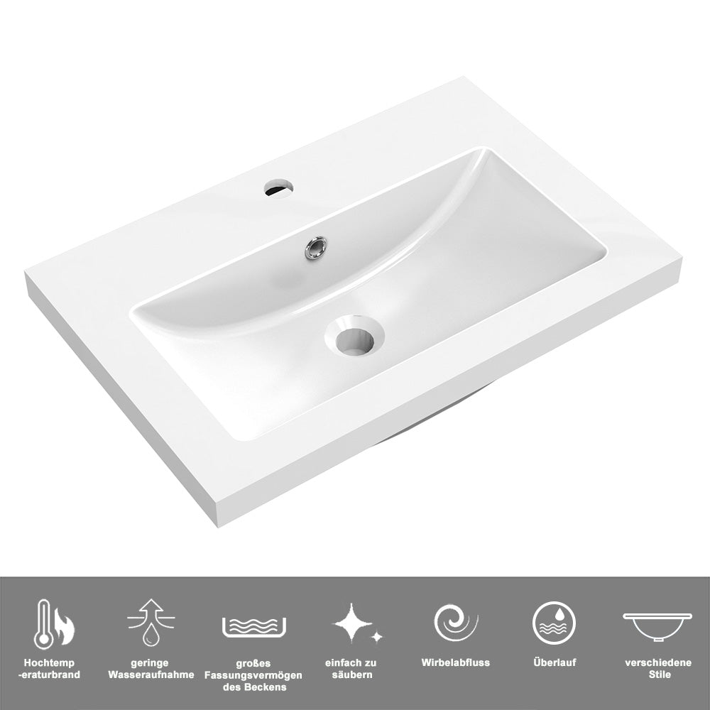Badezimmer Badmöbel 60cm Mineralguss Waschtisch mit Unterschrank Hängeschrank Hochglanz Weiß Badezimmerschränke Badschrank mit 2 Soft-Close Türen