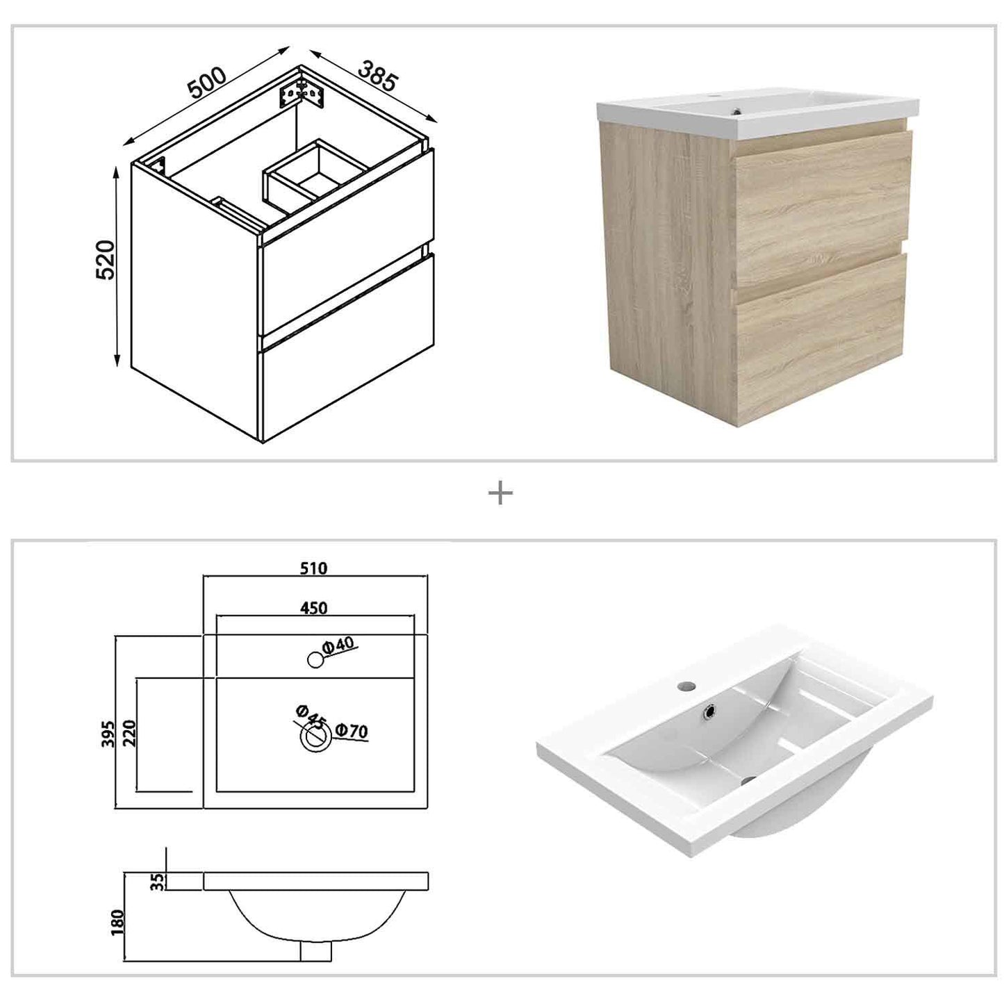 Badmöbel Set 50 cm Vormontiert Eiche Natur Waschbecken mit Unterschrank inkl. 2-Schubladen Soft-Close Funktion