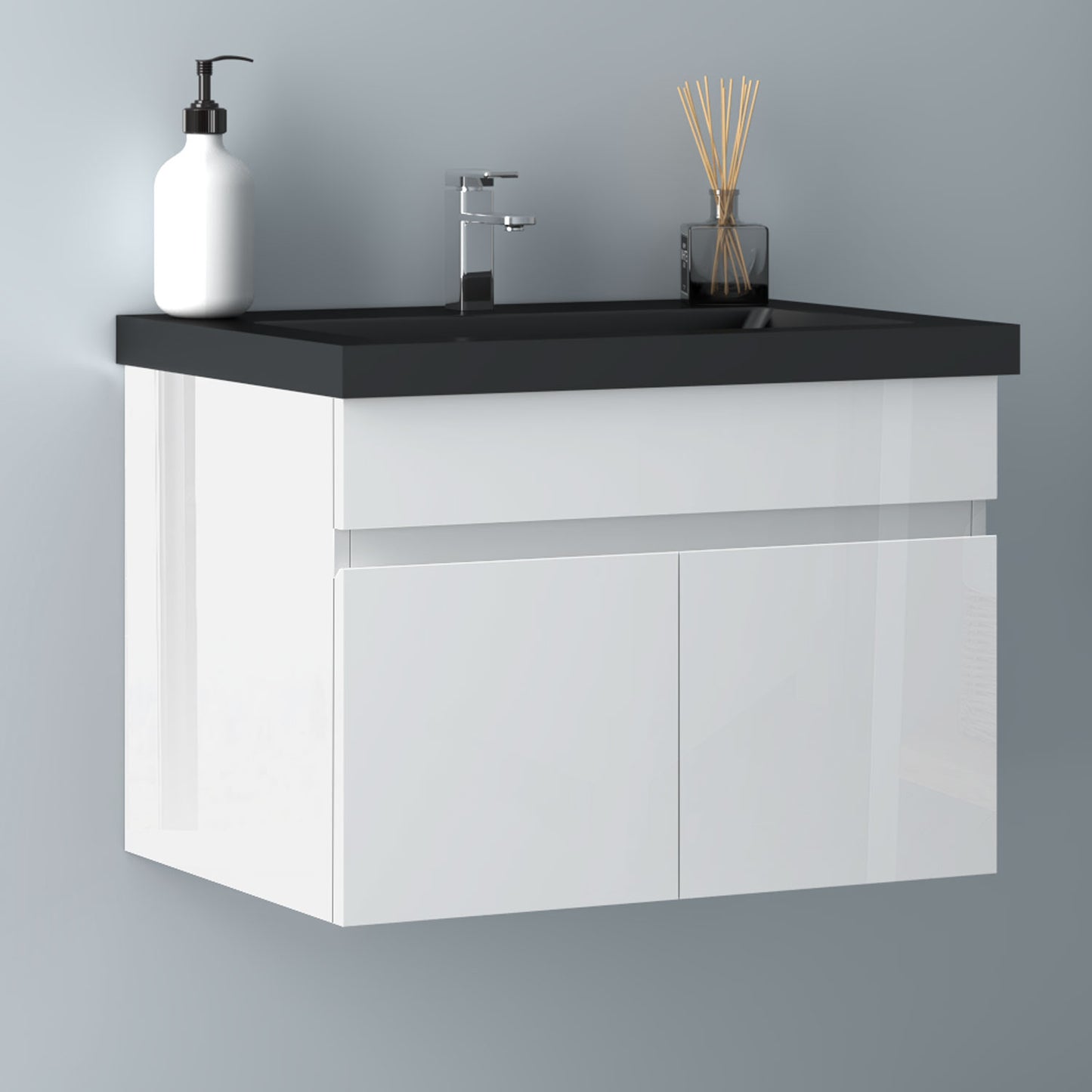 Badezimmer Badmöbel 60cm Schwarz Mineralguss Waschtisch mit Unterschrank Hängeschrank Hochglanz Weiß Badezimmerschränke Badschrank mit 2 Soft-Close Türen