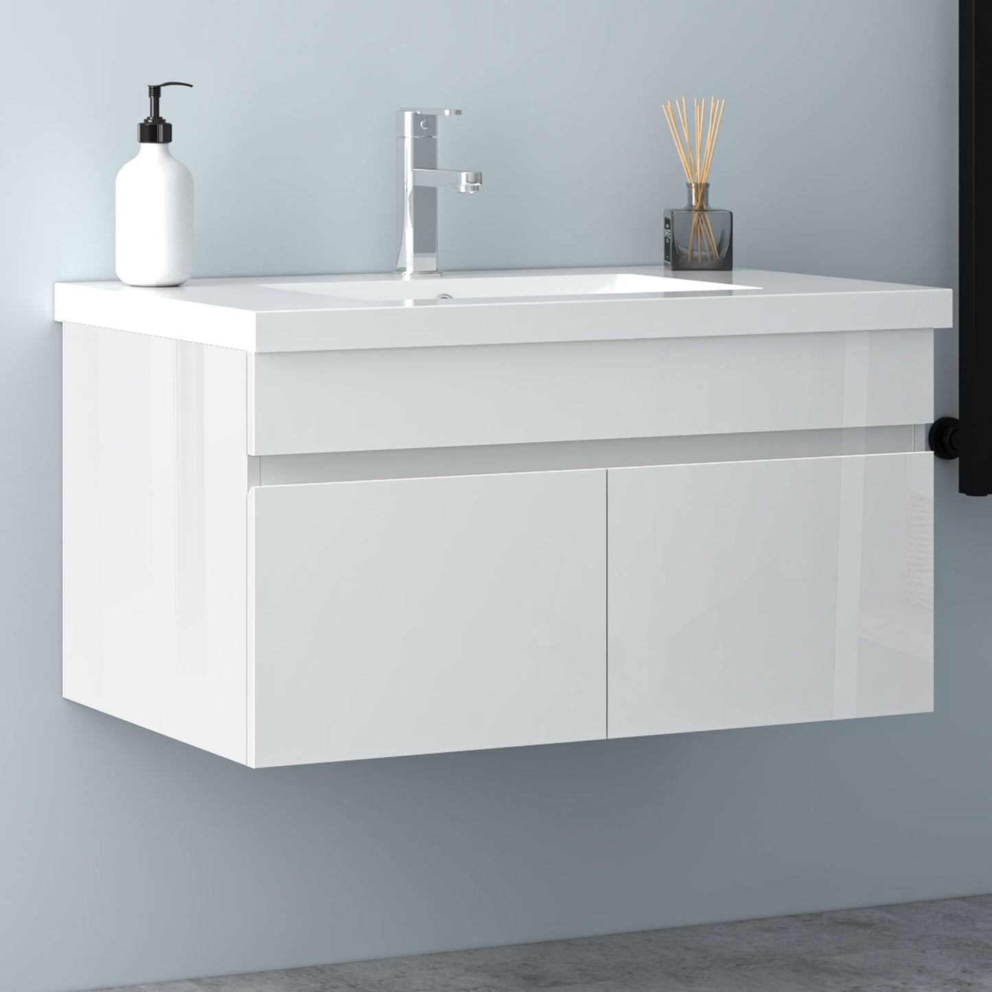 Badezimmer Badmöbel 80cm Mineralguss Waschtisch mit Unterschrank Hängeschrank Hochglanz Weiß Badezimmerschränke Badschrank mit 2 Soft-Close Türen