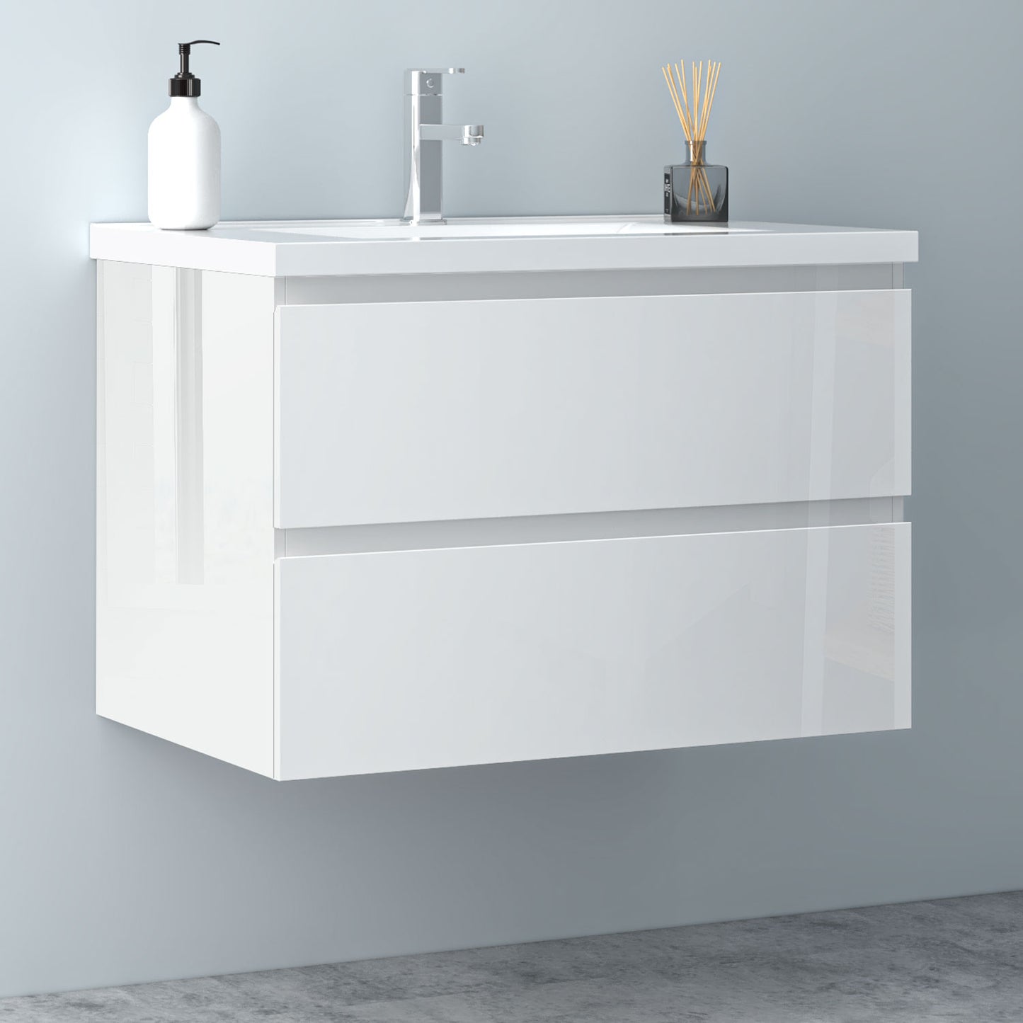 Badezimmermöbel 80cm Keramik Waschtisch mit Unterschrank Badmöbel set Badezimmerschränke mit 2 Soft-Close Schubladen Hochglanz Weiß