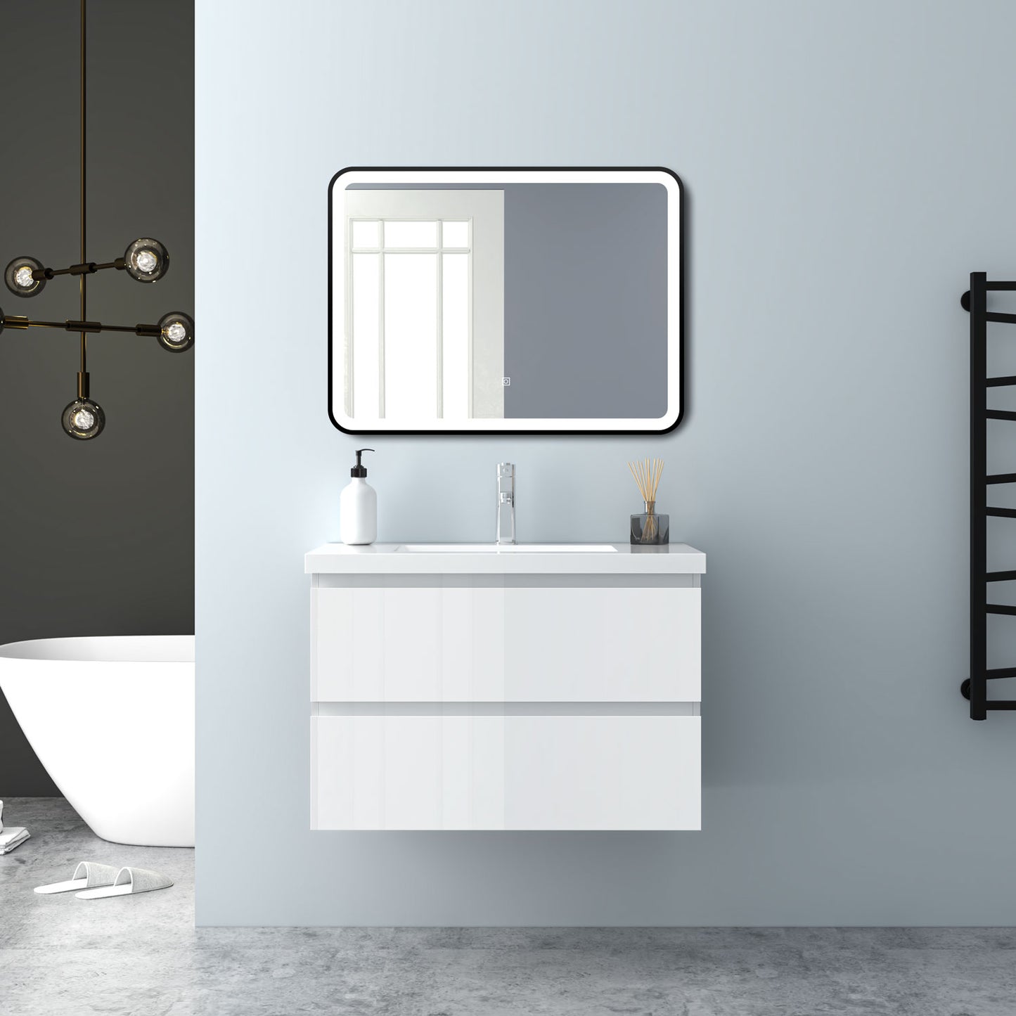 Badezimmermöbel 80cm Mineralguss Waschtisch mit Unterschrank Badmöbel set Badezimmerschränke mit 2 Soft-Close Schubladen Hochglanz Weiß