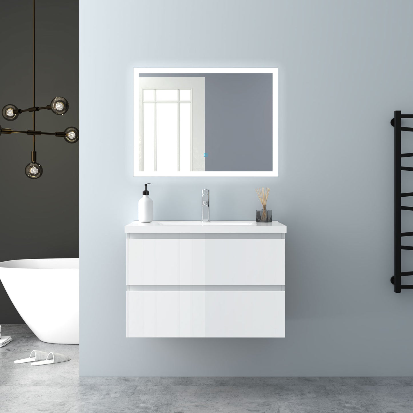 Badezimmermöbel 80cm Keramik Waschtisch mit Unterschrank Badmöbel set Badezimmerschränke mit 2 Soft-Close Schubladen Hochglanz Weiß