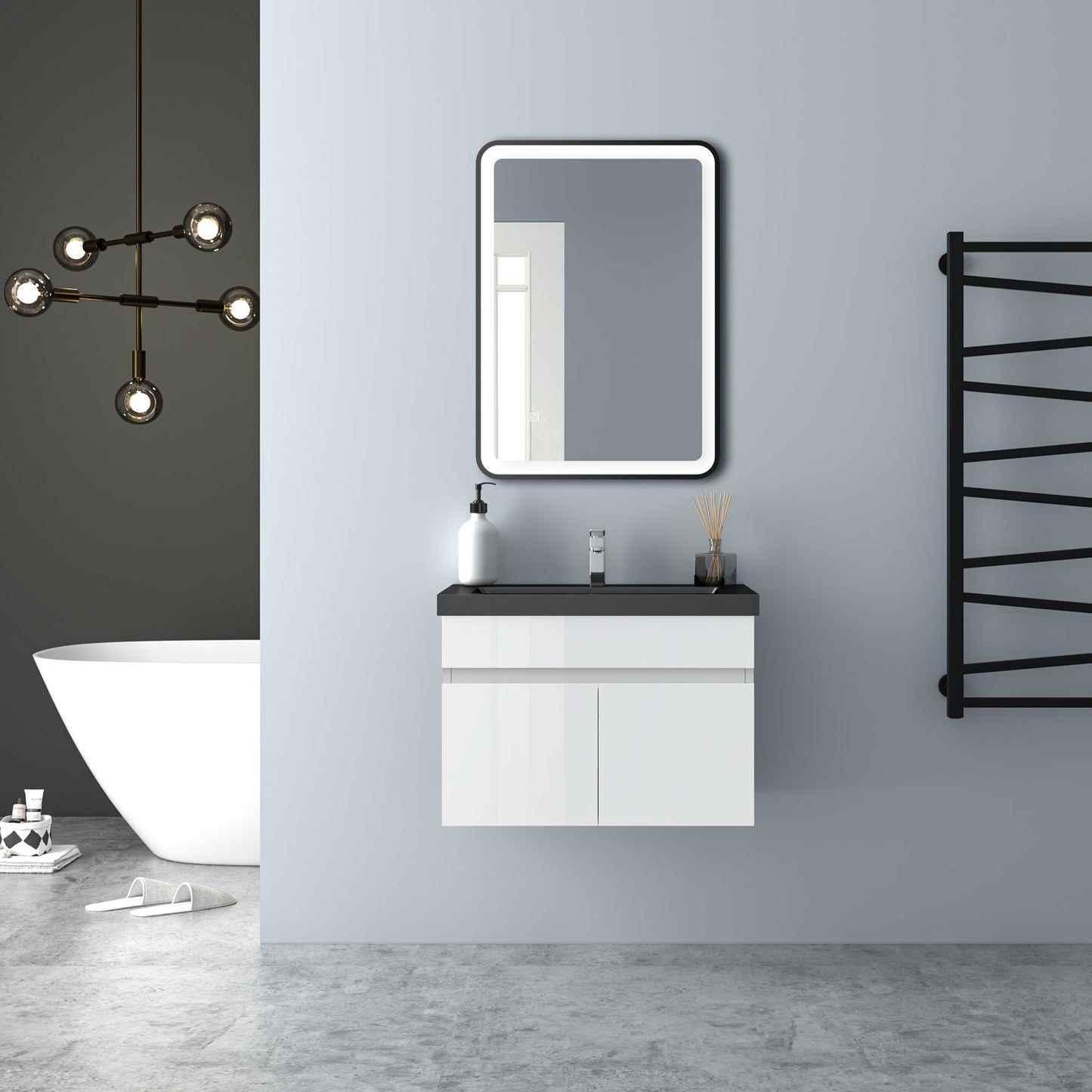 Badezimmer Badmöbel 60cm Schwarz Mineralguss Waschtisch mit Unterschrank Hängeschrank Hochglanz Weiß Badezimmerschränke Badschrank mit 2 Soft-Close Türen