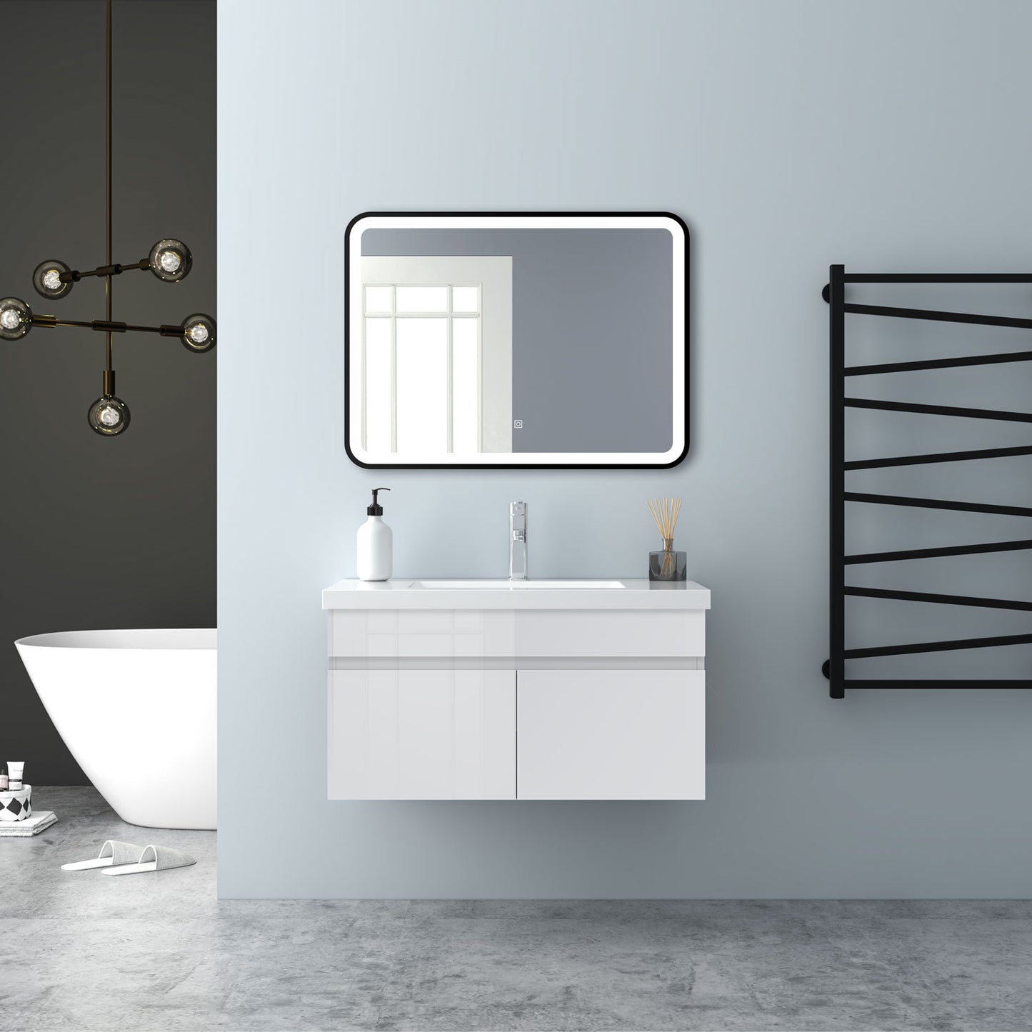 Badezimmer Badmöbel 80cm Mineralguss Waschtisch mit Unterschrank Hängeschrank Hochglanz Weiß Badezimmerschränke Badschrank mit 2 Soft-Close Türen