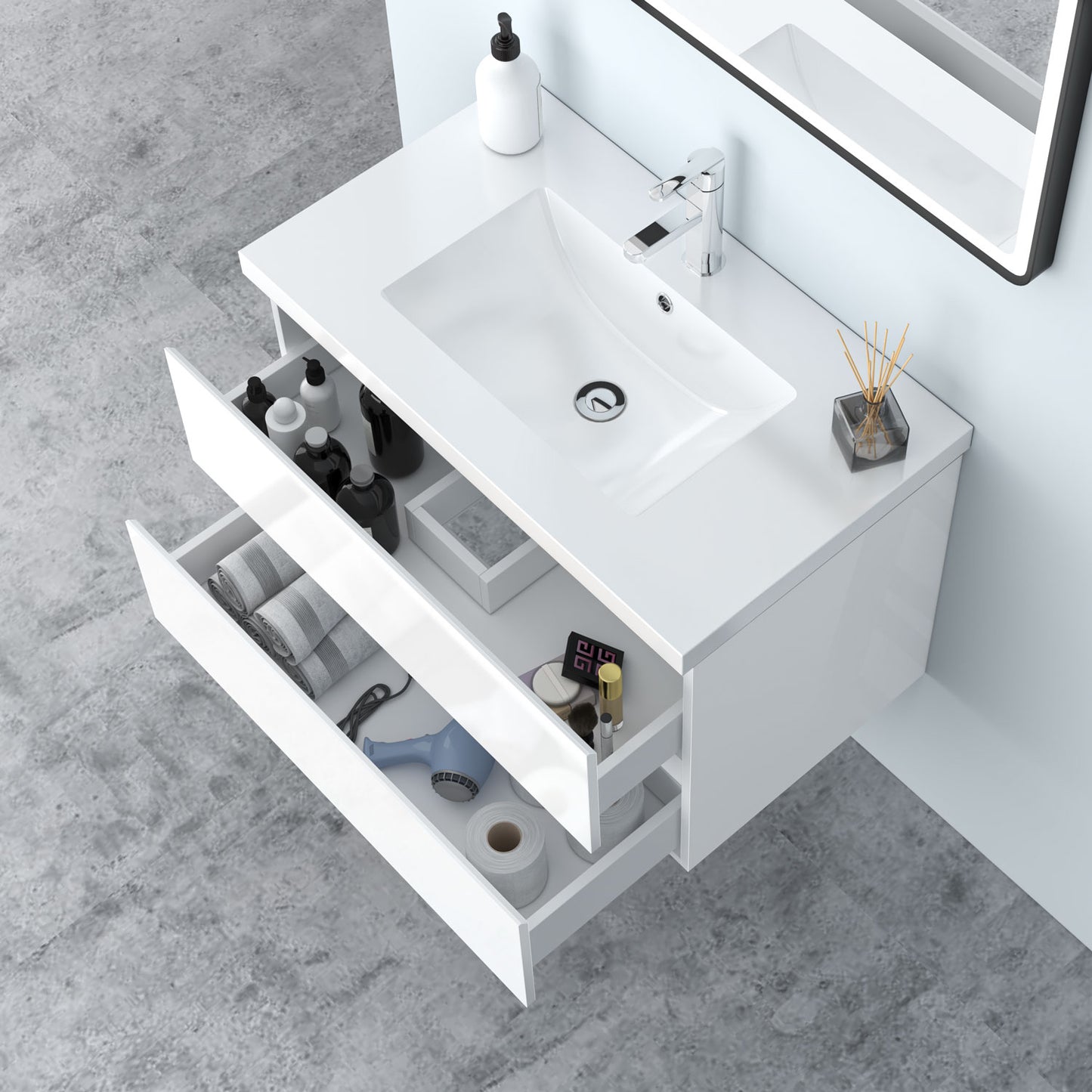 Badezimmermöbel 80cm Mineralguss Waschtisch mit Unterschrank Badmöbel set Badezimmerschränke mit 2 Soft-Close Schubladen Hochglanz Weiß