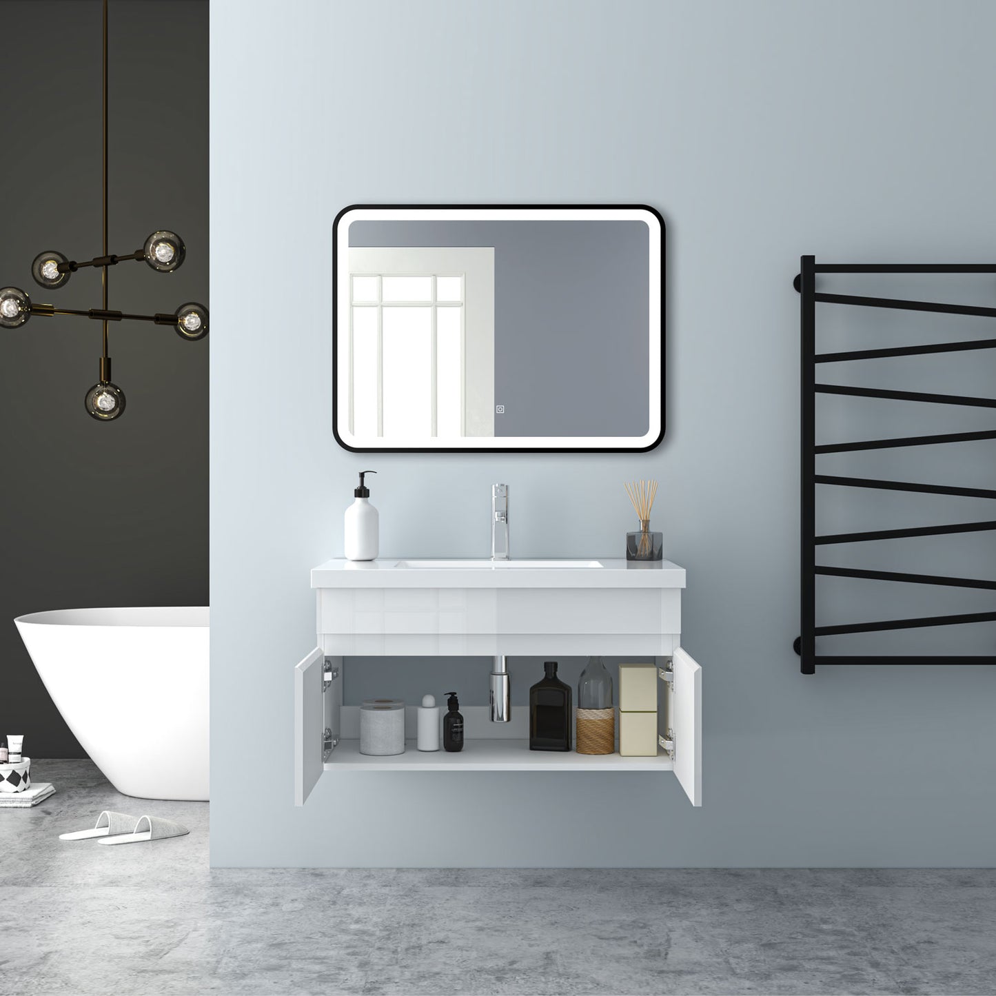 Badezimmer Badmöbel 80cm Mineralguss Waschtisch mit Unterschrank Hängeschrank Hochglanz Weiß Badezimmerschränke Badschrank mit 2 Soft-Close Türen