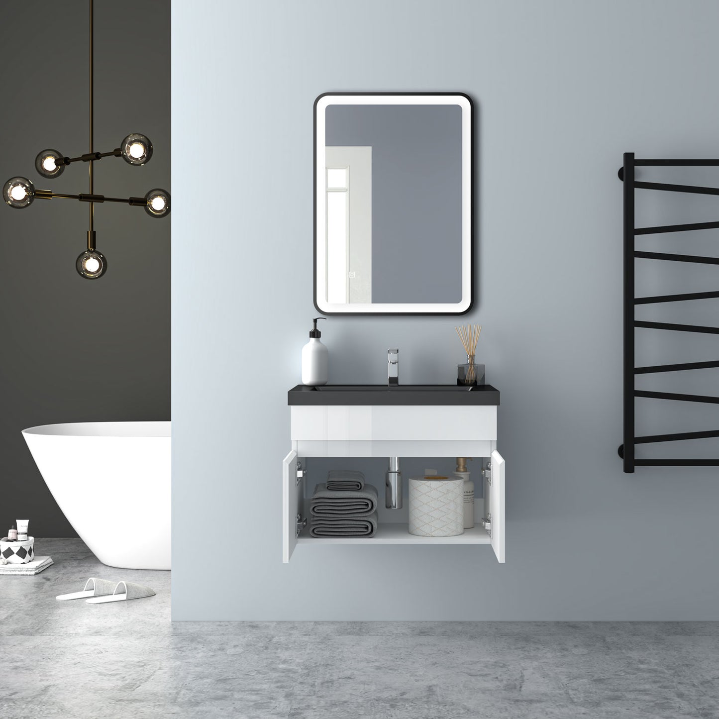 Badezimmer Badmöbel 60cm Schwarz Mineralguss Waschtisch mit Unterschrank Hängeschrank Hochglanz Weiß Badezimmerschränke Badschrank mit 2 Soft-Close Türen