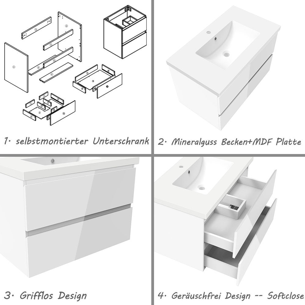Badezimmermöbel 80cm Mineralguss Waschtisch mit Unterschrank Badmöbel set Badezimmerschränke mit 2 Soft-Close Schubladen Hochglanz Weiß