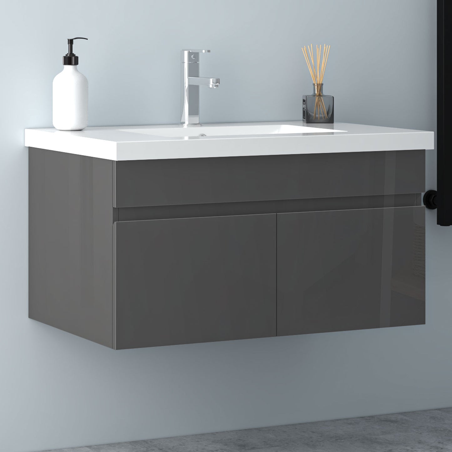 Badezimmer Badmöbel 80cm Mineralguss Waschtisch mit Unterschrank Hängeschrank Hochglanz Dunkelgrau Badezimmerschränke Badschrank mit 2 Soft-Close Türen