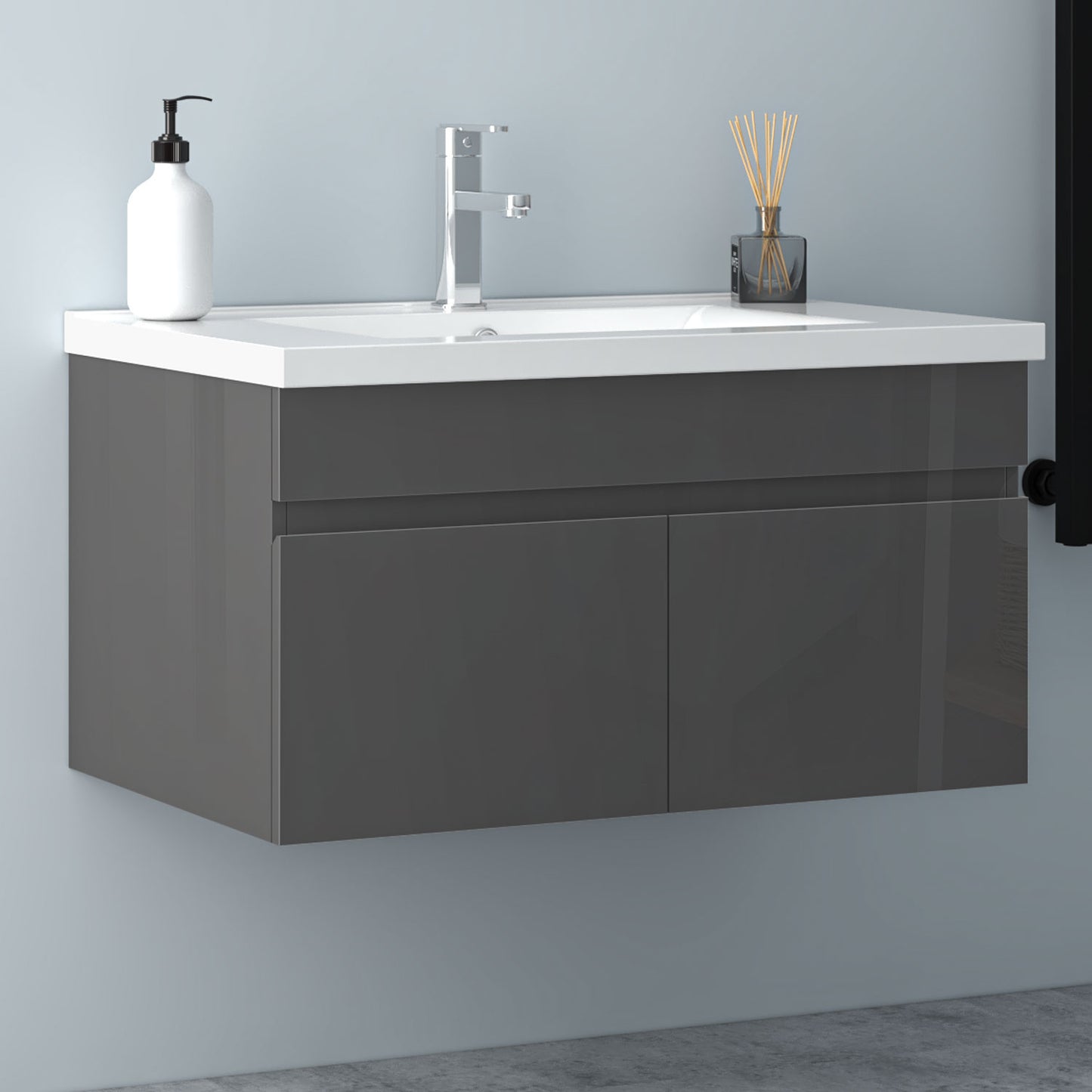Badezimmer Badmöbel 80cm Keramik Waschtisch mit Unterschrank Hängeschrank Hochglanz Dunkelgrau Badezimmerschränke Badschrank mit 2 Soft-Close Türen