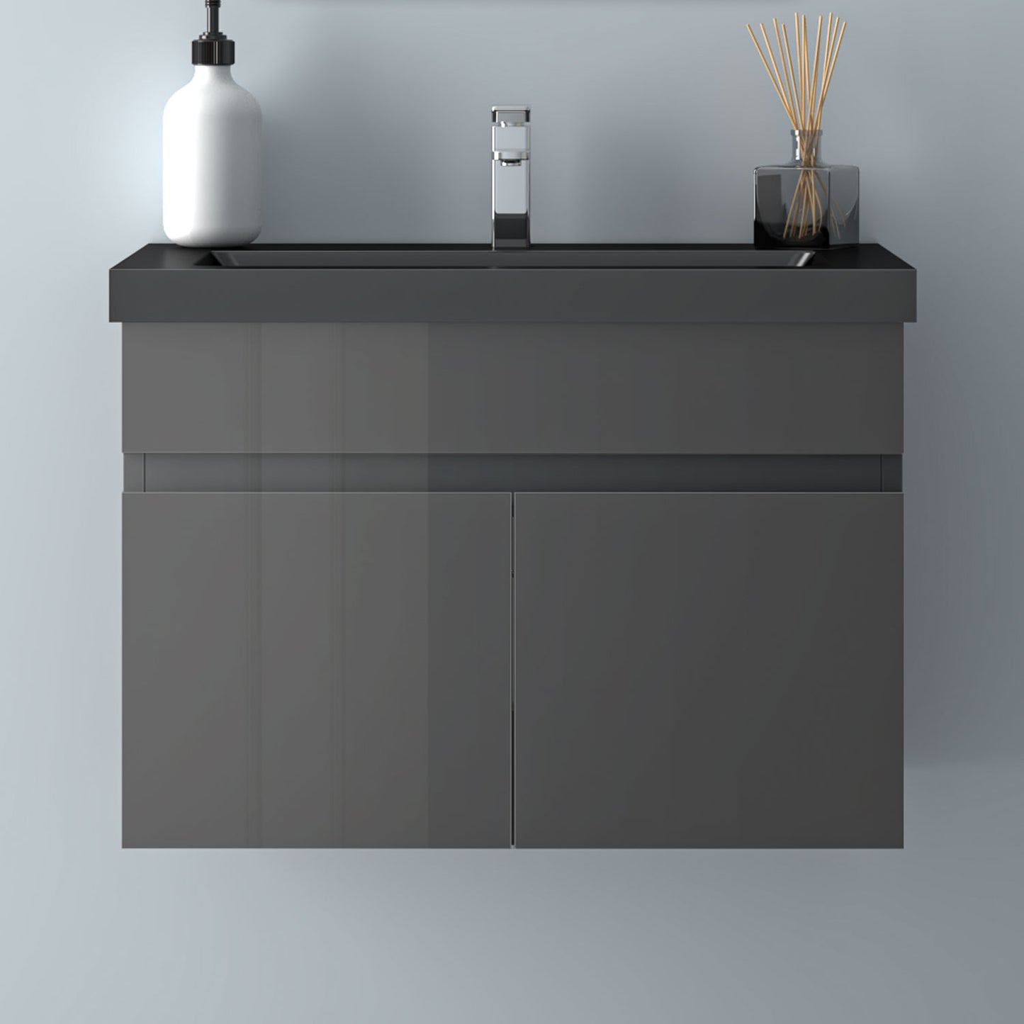 Badezimmer Badmöbel 60cm Schwarz Mineralguss Waschtisch mit Unterschrank Hängeschrank Hochglanz Dunkelgrau Badezimmerschränke Badschrank mit 2 Soft-Close Türen