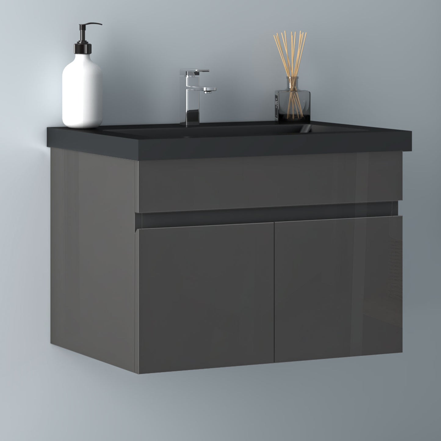 Badezimmer Badmöbel 60cm Schwarz Mineralguss Waschtisch mit Unterschrank Hängeschrank Hochglanz Dunkelgrau Badezimmerschränke Badschrank mit 2 Soft-Close Türen