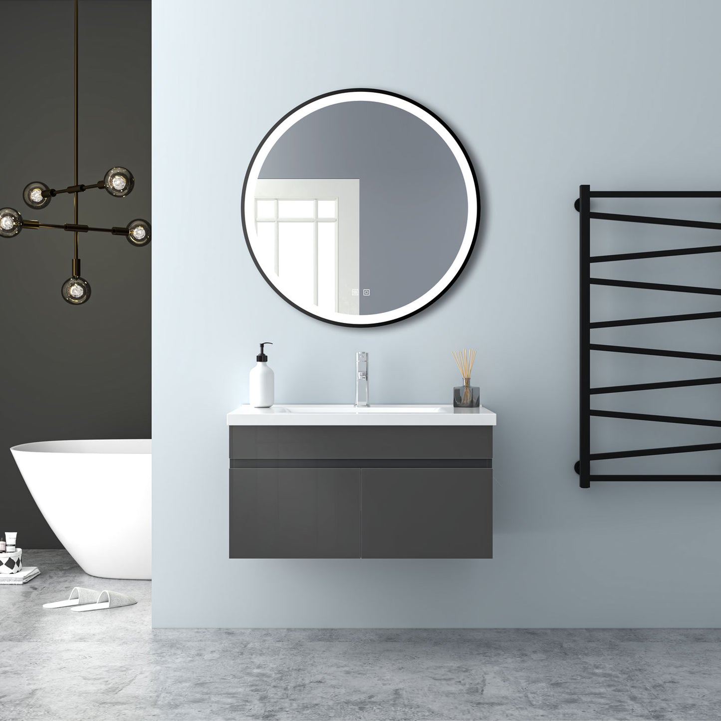 Badezimmer Badmöbel 80cm Keramik Waschtisch mit Unterschrank Hängeschrank Hochglanz Dunkelgrau Badezimmerschränke Badschrank mit 2 Soft-Close Türen