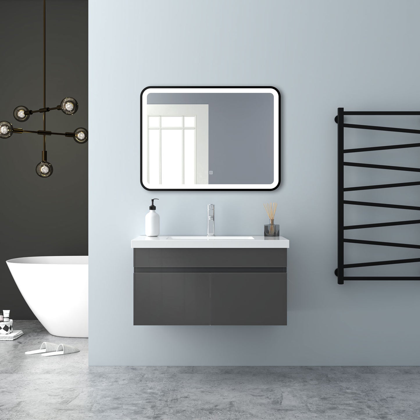 Badezimmer Badmöbel 80cm Mineralguss Waschtisch mit Unterschrank Hängeschrank Hochglanz Dunkelgrau Badezimmerschränke Badschrank mit 2 Soft-Close Türen