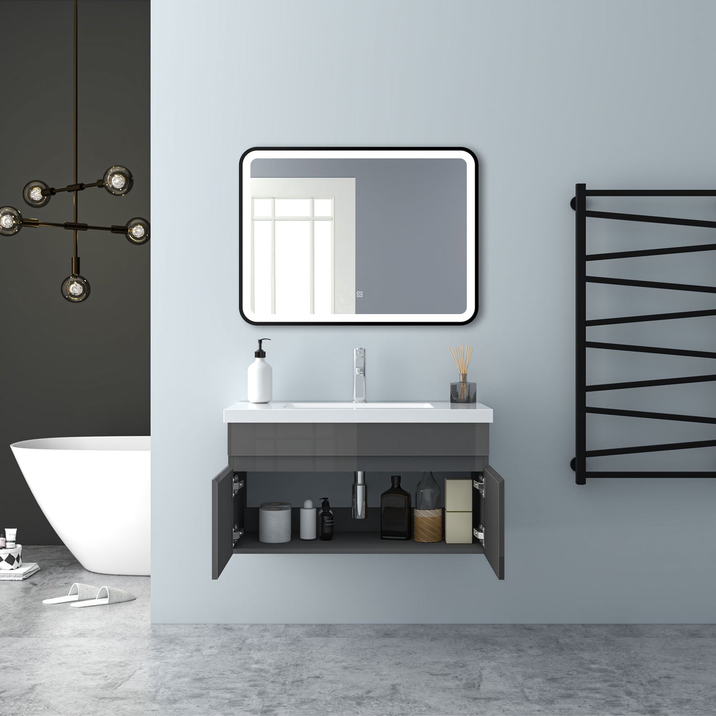 Badezimmer Badmöbel 80cm Mineralguss Waschtisch mit Unterschrank Hängeschrank Hochglanz Dunkelgrau Badezimmerschränke Badschrank mit 2 Soft-Close Türen
