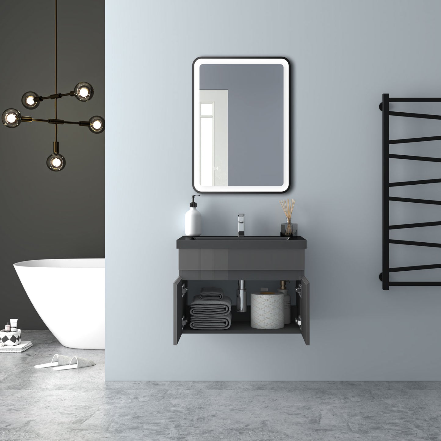 Badezimmer Badmöbel 60cm Schwarz Mineralguss Waschtisch mit Unterschrank Hängeschrank Hochglanz Dunkelgrau Badezimmerschränke Badschrank mit 2 Soft-Close Türen