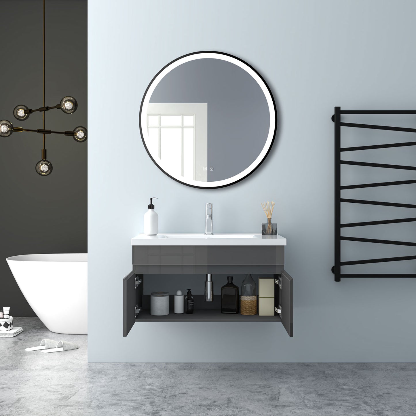 Badezimmer Badmöbel 80cm Keramik Waschtisch mit Unterschrank Hängeschrank Hochglanz Dunkelgrau Badezimmerschränke Badschrank mit 2 Soft-Close Türen
