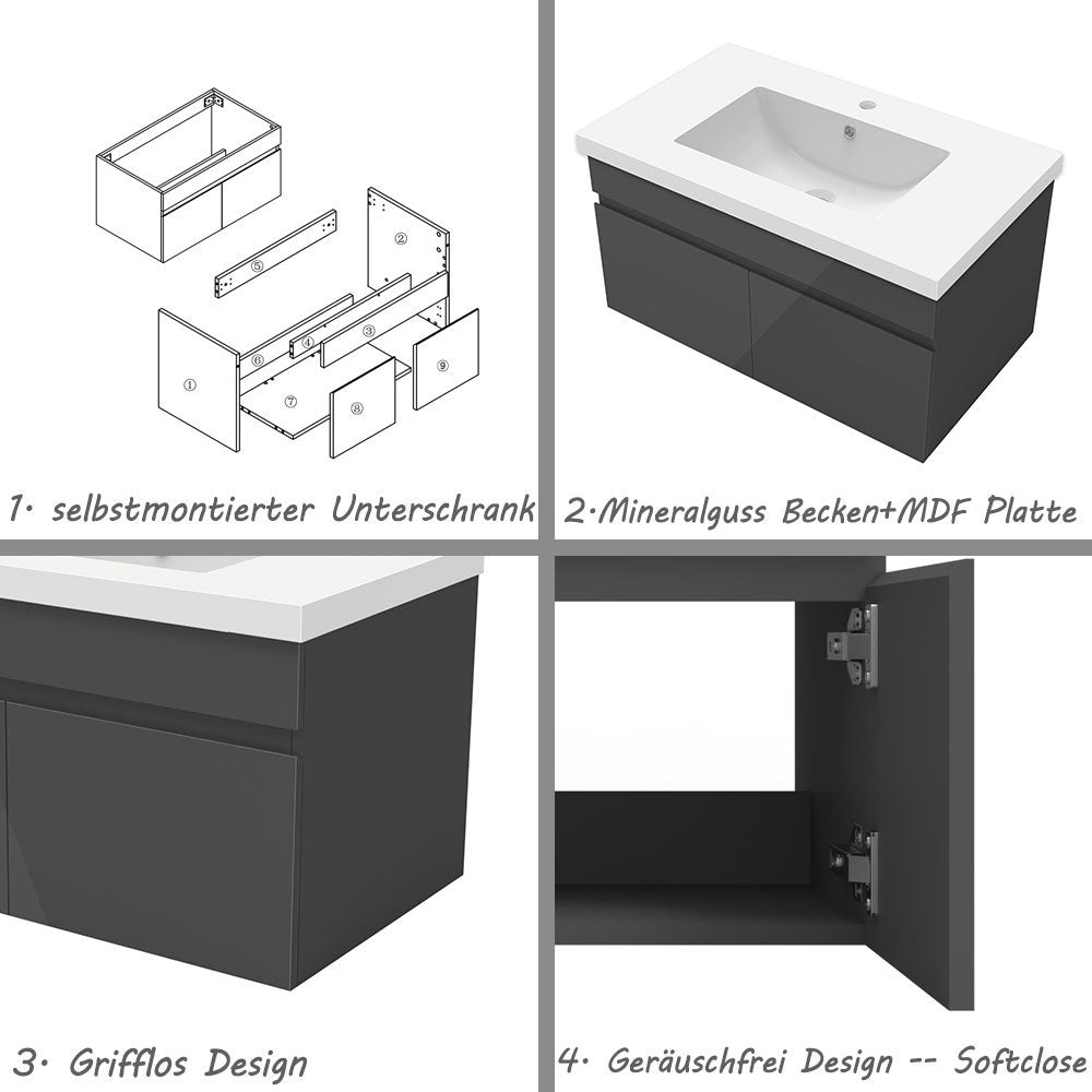 Badezimmer Badmöbel 80cm Mineralguss Waschtisch mit Unterschrank Hängeschrank Hochglanz Dunkelgrau Badezimmerschränke Badschrank mit 2 Soft-Close Türen