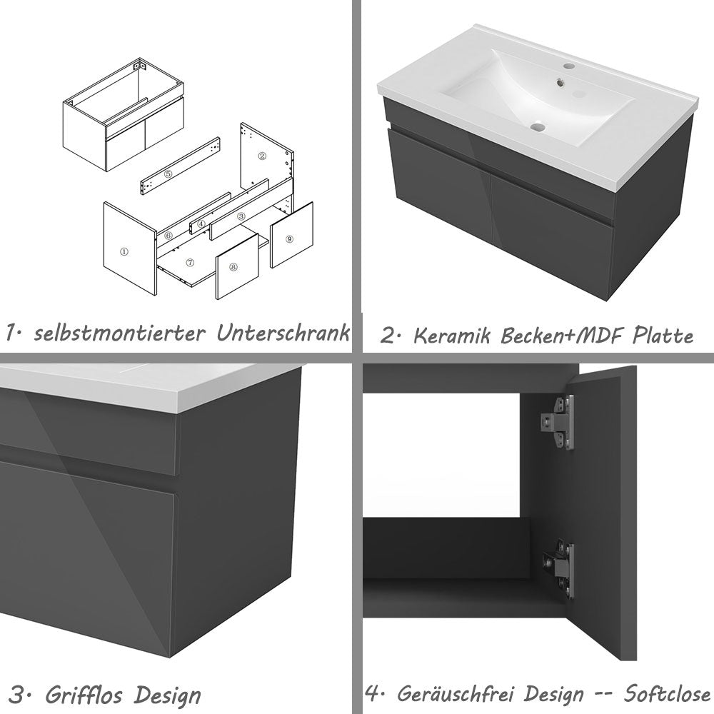 Badezimmer Badmöbel 80cm Keramik Waschtisch mit Unterschrank Hängeschrank Hochglanz Dunkelgrau Badezimmerschränke Badschrank mit 2 Soft-Close Türen