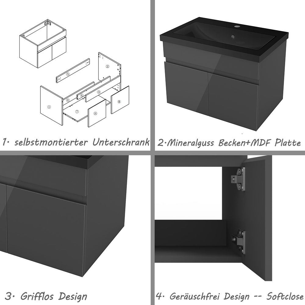 Badezimmer Badmöbel 60cm Schwarz Mineralguss Waschtisch mit Unterschrank Hängeschrank Hochglanz Dunkelgrau Badezimmerschränke Badschrank mit 2 Soft-Close Türen