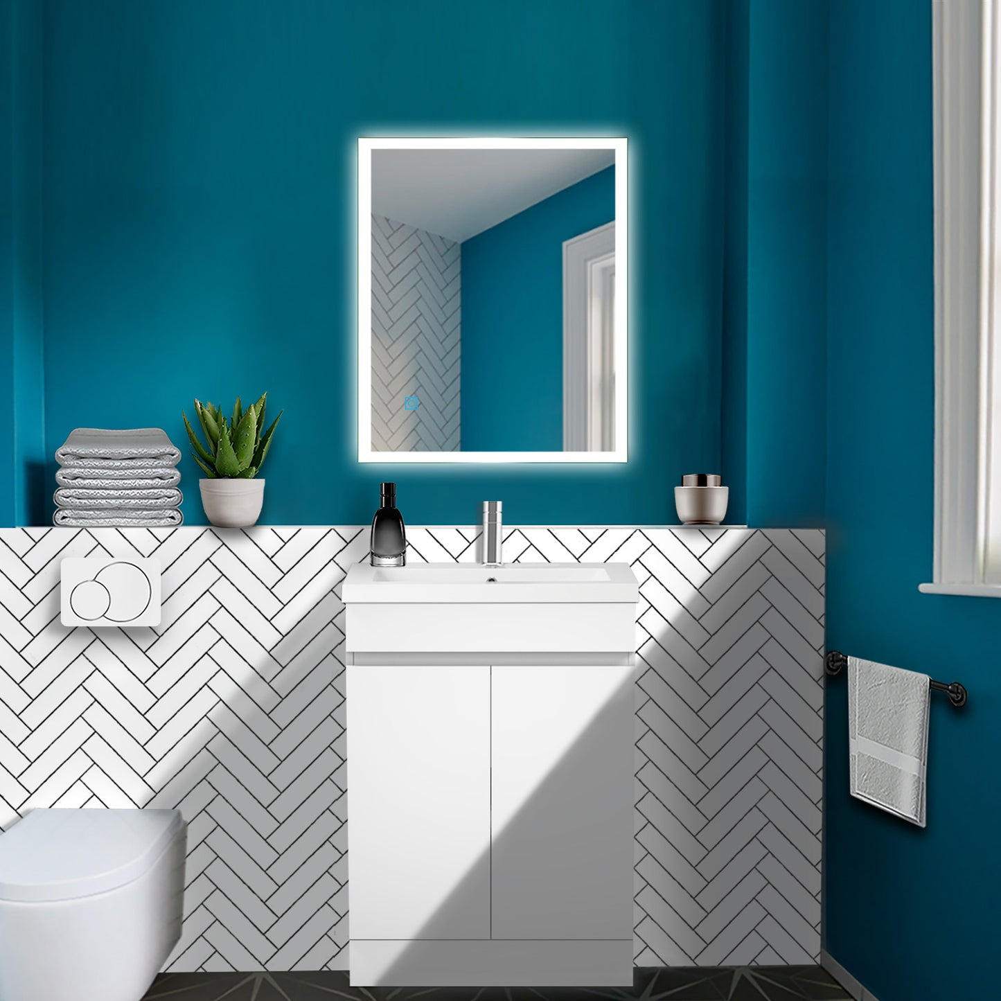 Badmöbel Set 50 cm Breit Weiß Matt Badezimmermöbel Mineralguss waschbecken mit unterschrank 2 Soft-Close Türen Standschrank