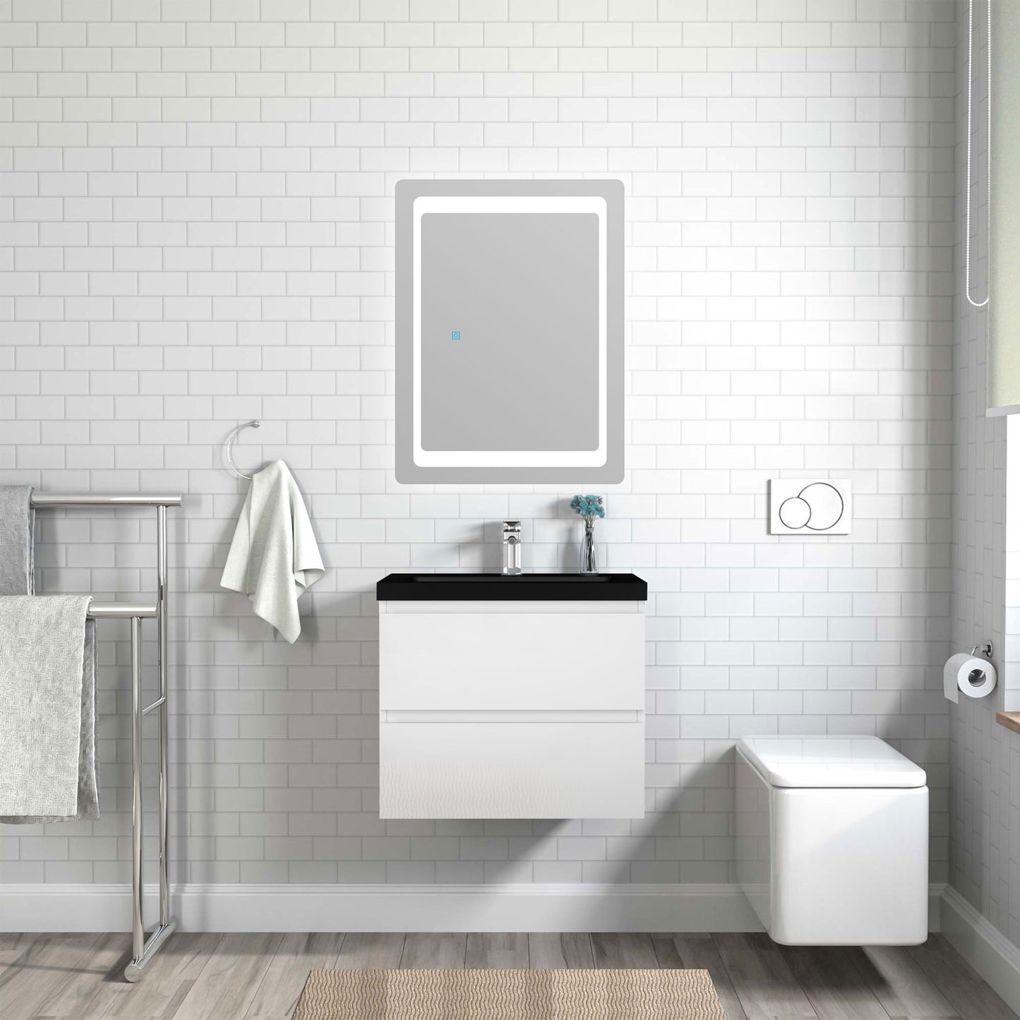 Badezimmermöbel 60cm Schwarz Mineralguss Waschtisch mit Unterschrank Badmöbel set Badezimmerschränke mit 2 Soft-Close Schubladen Hochglanz Weiß