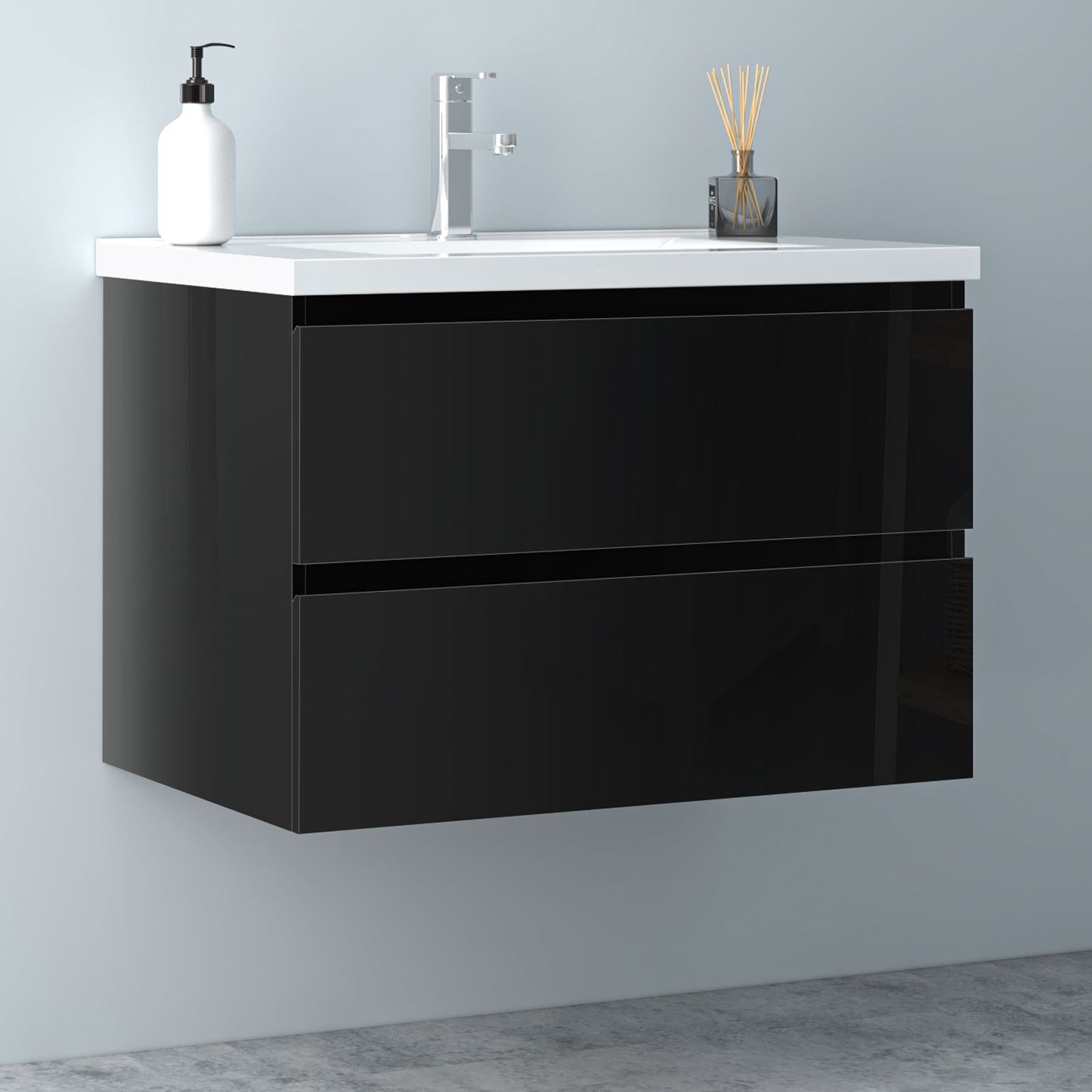 Badezimmermöbel 80cm Keramik Waschtisch mit Unterschrank Badmöbel set Badezimmerschränke mit 2 Soft-Close Schubladen Hochglanz Schwarz