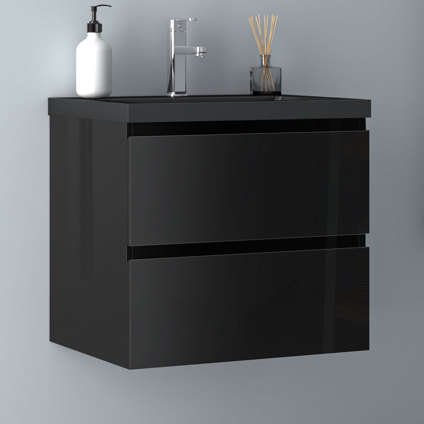 Badezimmermöbel 60cm Schwarz Mineralguss Waschtisch mit Unterschrank Badmöbel set Badezimmerschränke mit 2 Soft-Close Schubladen Hochglanz Schwarz