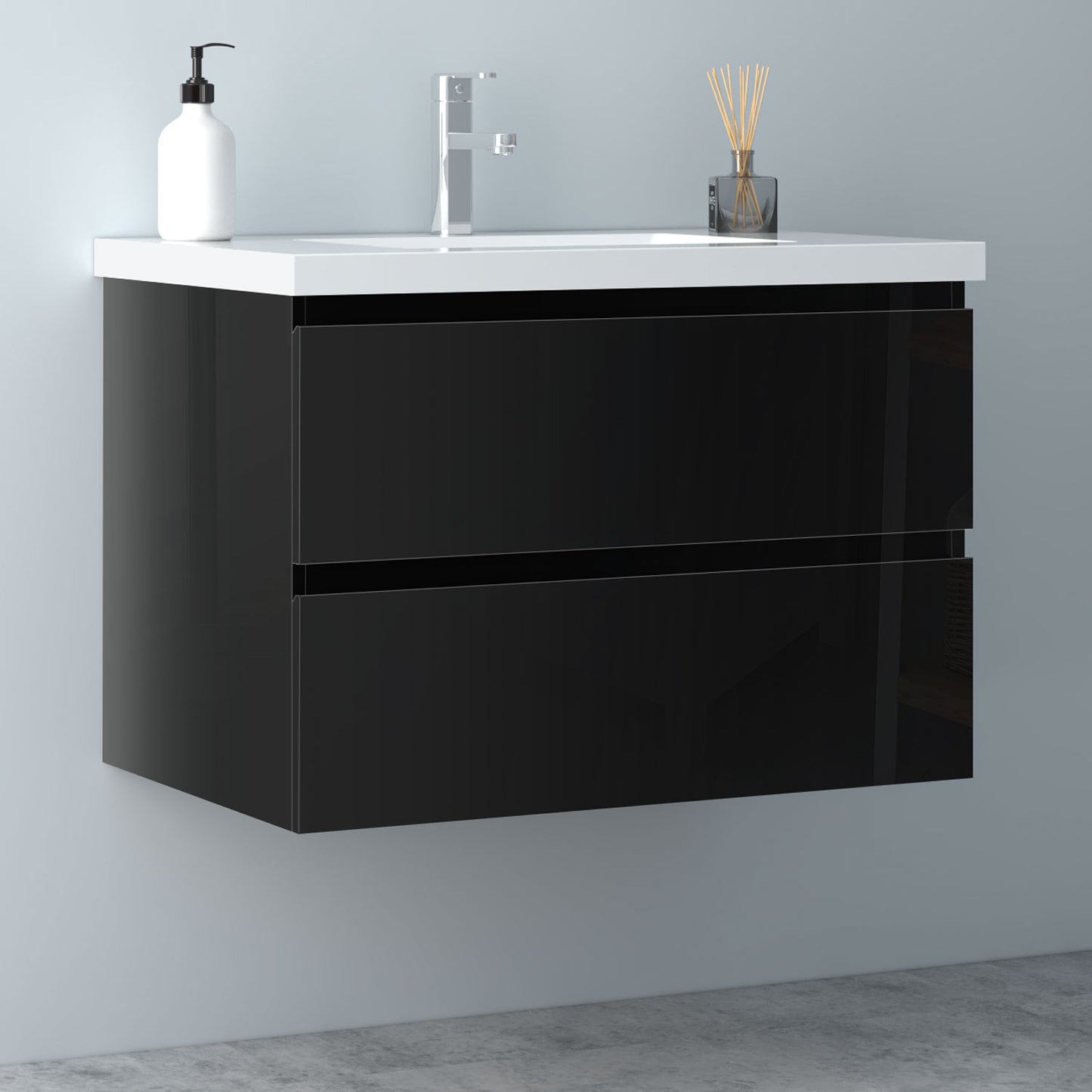 Badezimmermöbel 80cm Mineralguss Waschtisch mit Unterschrank Badmöbel set Badezimmerschränke mit 2 Soft-Close Schubladen Hochglanz Schwarz