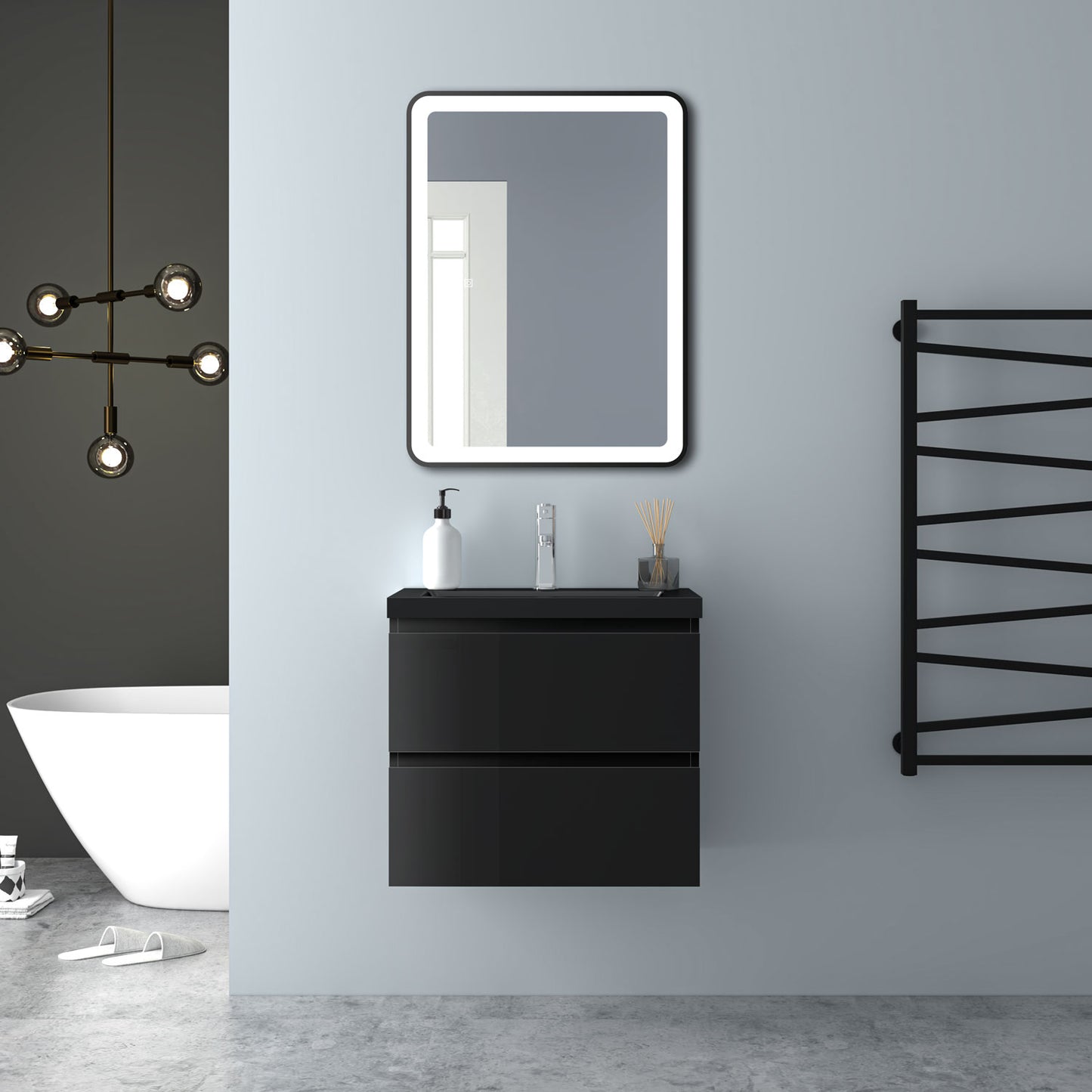 Badezimmermöbel 60cm Schwarz Mineralguss Waschtisch mit Unterschrank Badmöbel set Badezimmerschränke mit 2 Soft-Close Schubladen Hochglanz Schwarz