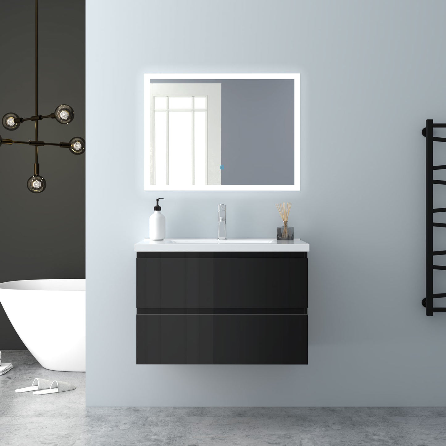 Badezimmermöbel 80cm Keramik Waschtisch mit Unterschrank Badmöbel set Badezimmerschränke mit 2 Soft-Close Schubladen Hochglanz Schwarz